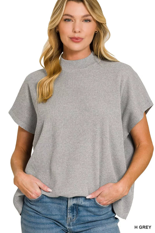 Viscose Mock Neck Boxy Sweater in H Grey, featuring short sleeves and a chic boxy silhouette for modern everyday style.