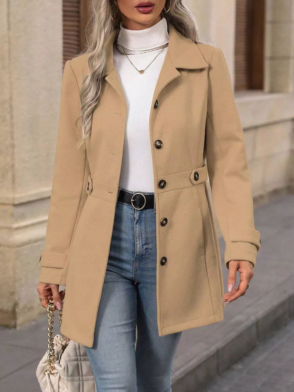 Collared Neck Button Up Coat – Classic Everyday Outerwear in beige with buttons and pockets