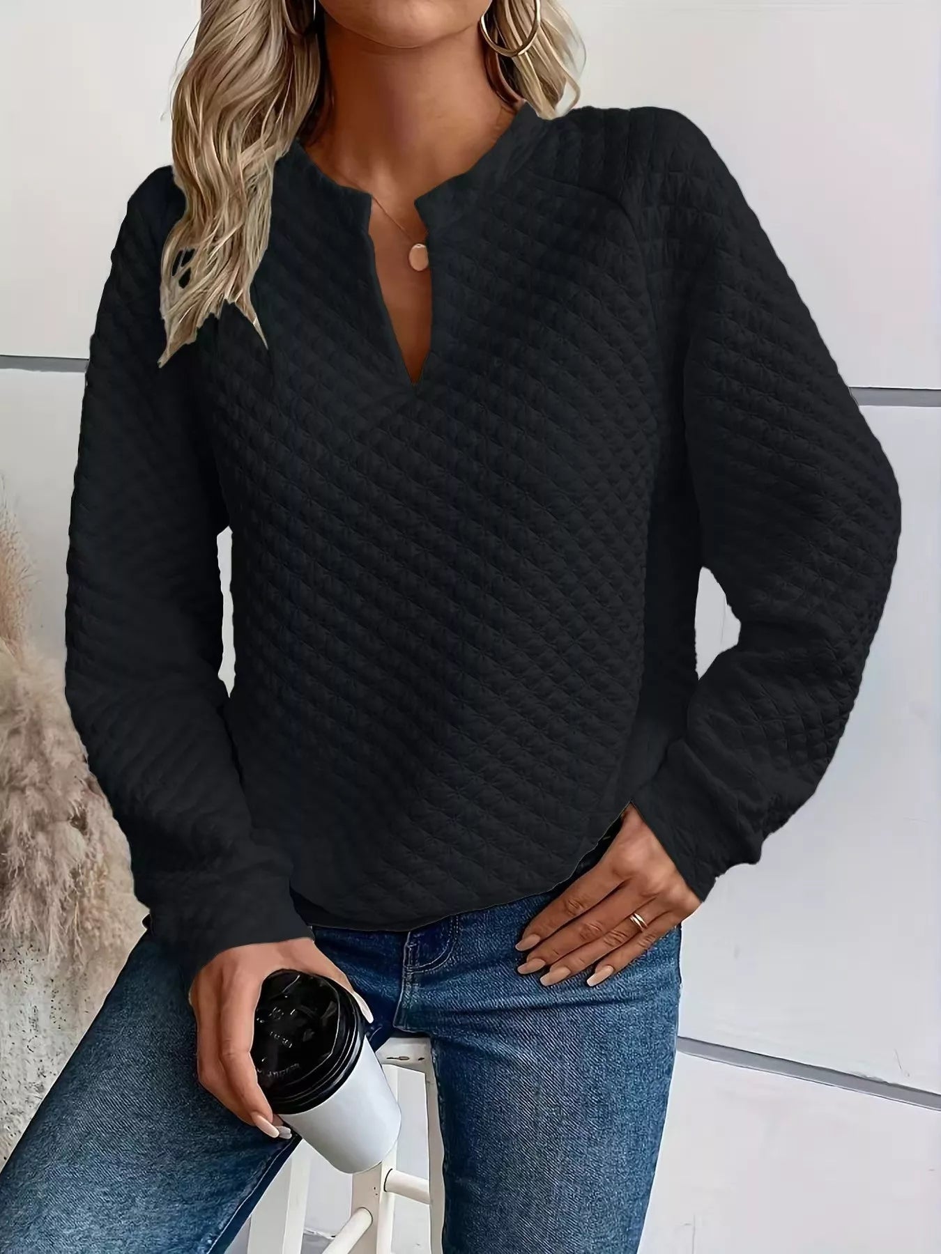 Quilted Texture Long Sleeve Sweatshirt with Notched Neck, black color, stylish and comfortable, perfect for casual wear.