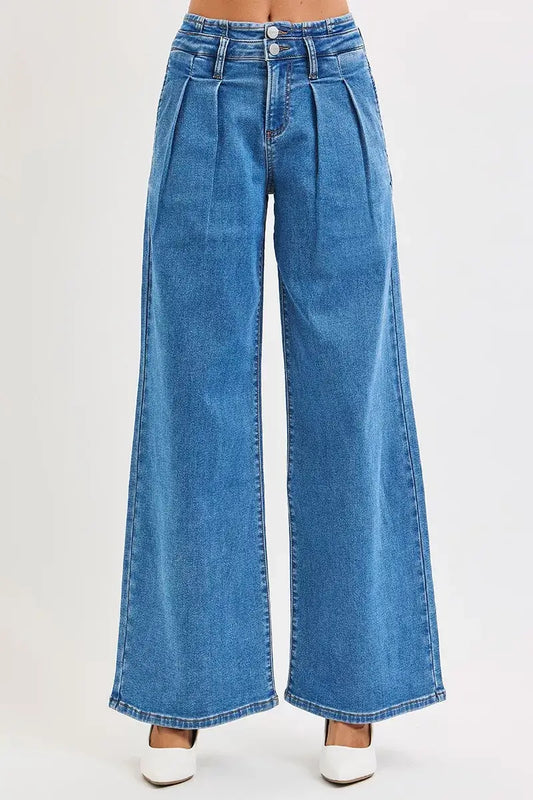 RISEN Plus Size Pleated Wide Leg Jeans in mid rise blue denim, showcasing elegant pleats and a flattering silhouette.