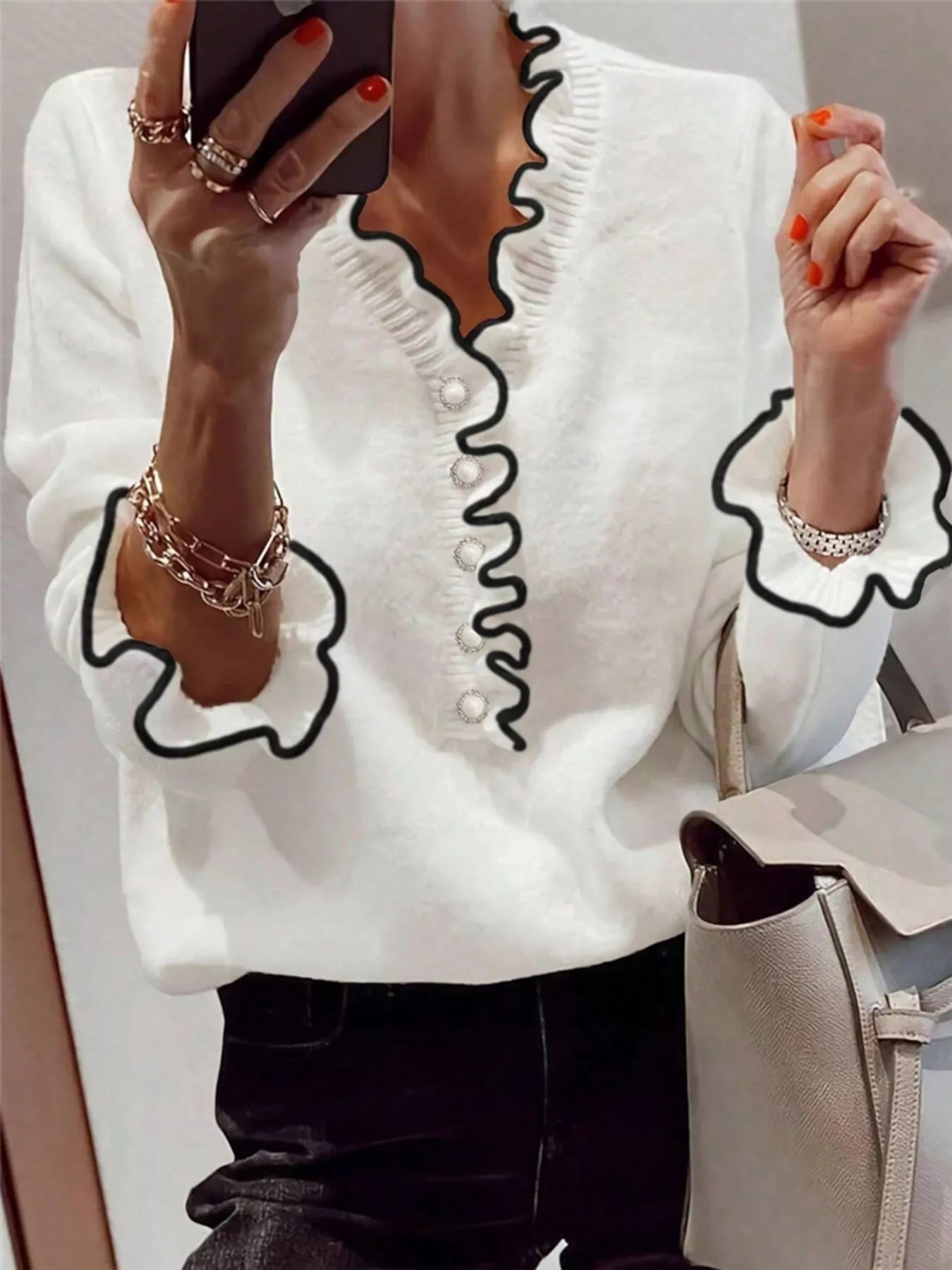 Ruffled Trim Button Front Sweater in white with frill details, perfect for elegant everyday style.