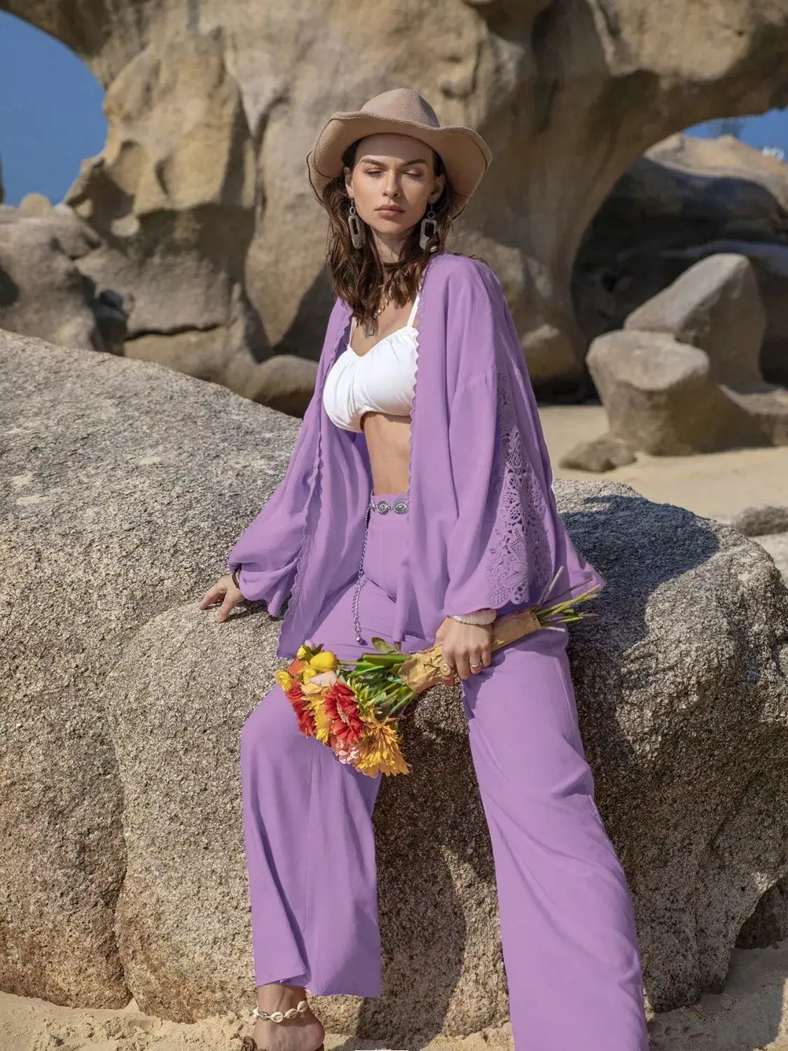 Lace Detail Open Front Cover Up and Pants Set for Women, stylish beach ensemble in purple with feminine lace details.