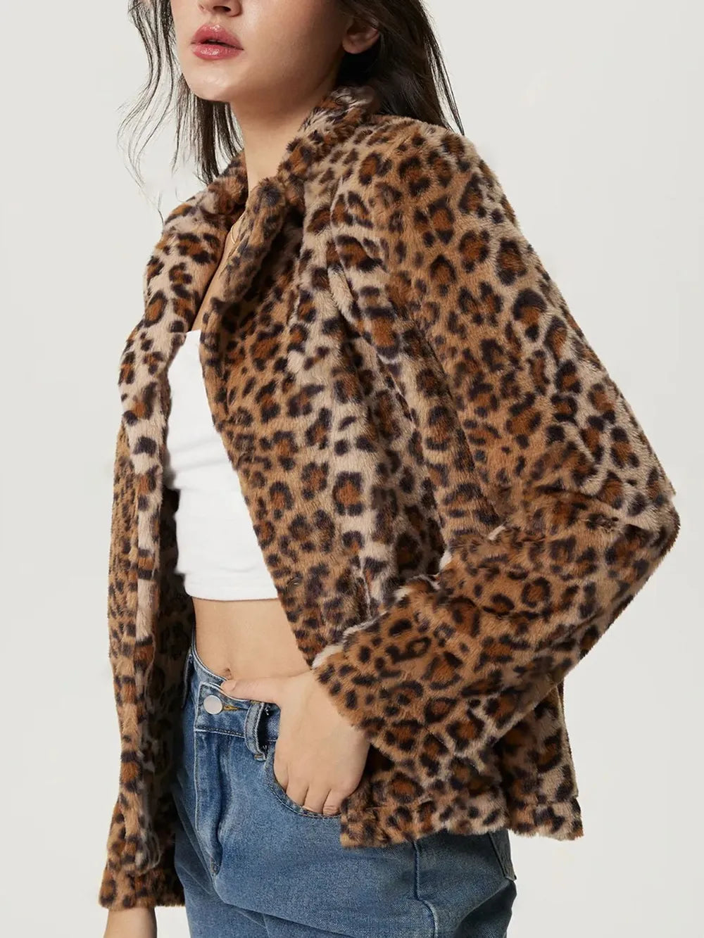 Fuzzy Leopard Collared Neck Jacket showcased in a stylish side view, perfect for everyday casual wear.