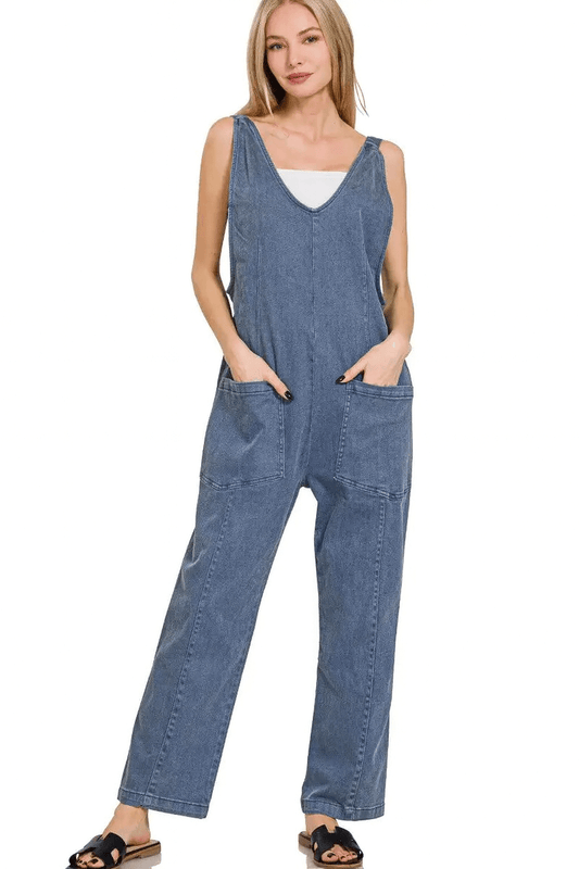 Zenana Casual Adjustable Strap Baggy Jumpsuit in denim with pockets, showcasing a relaxed fit and trendy design.
