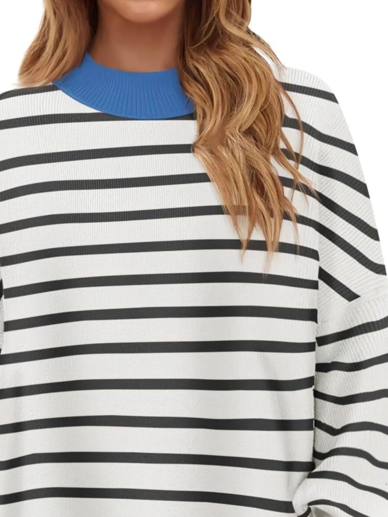 Striped Round Neck Long Sleeve Sweater featuring a blue collar and oversized fit, perfect for everyday style.