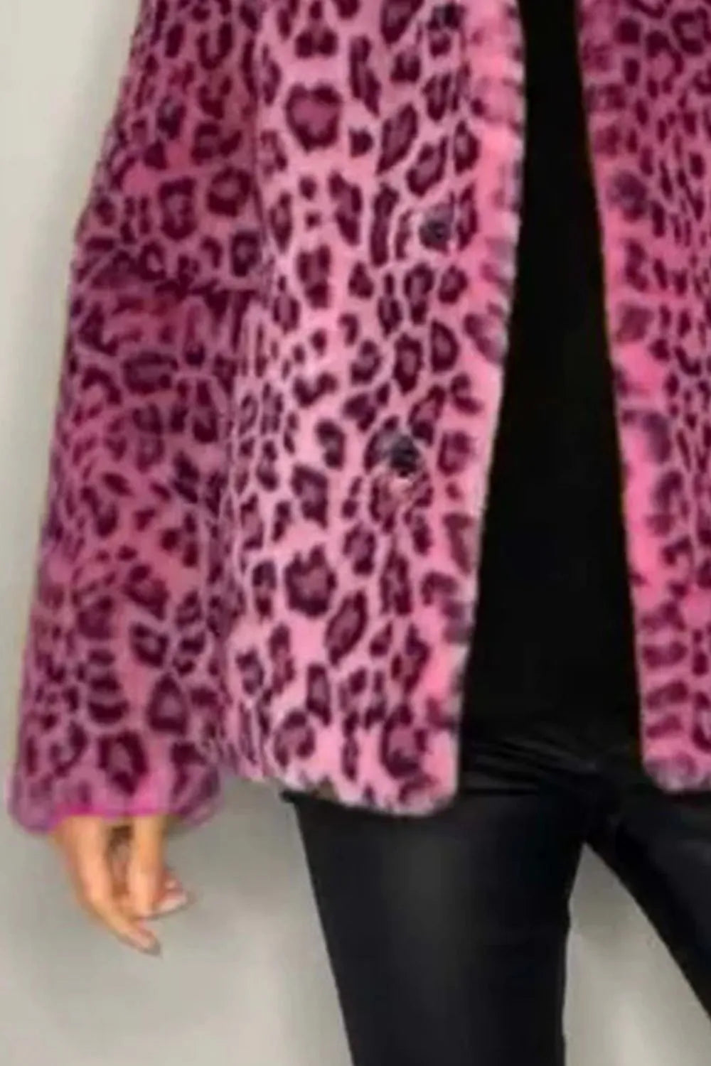 Full Size Leopard Furry Collared Neck Long Sleeve Coat displayed in vibrant pink and black leopard print.