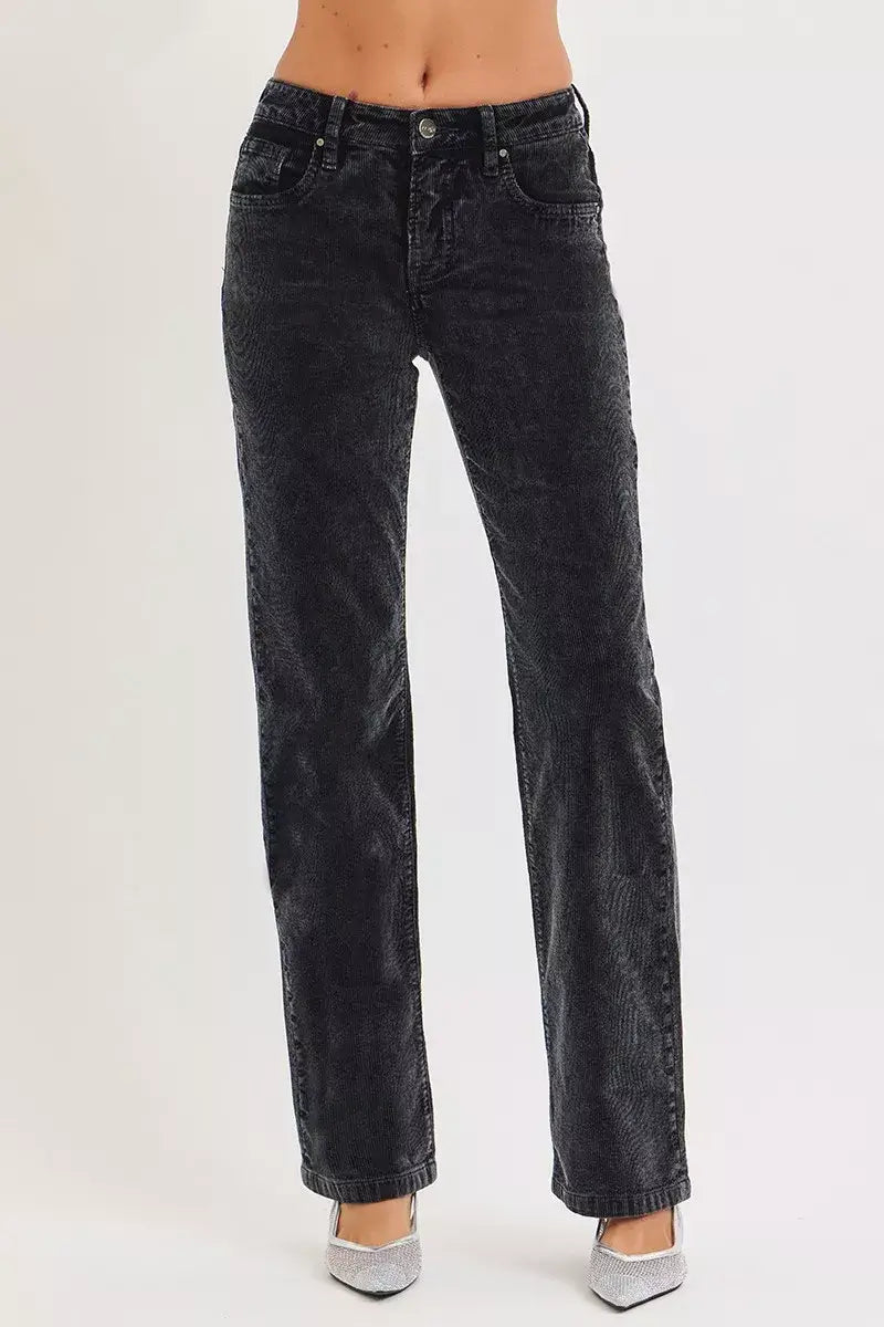 RISEN Tummy Control Mid Rise Straight Leg Corduroy Pants in black, featuring a flattering silhouette and soft fabric.