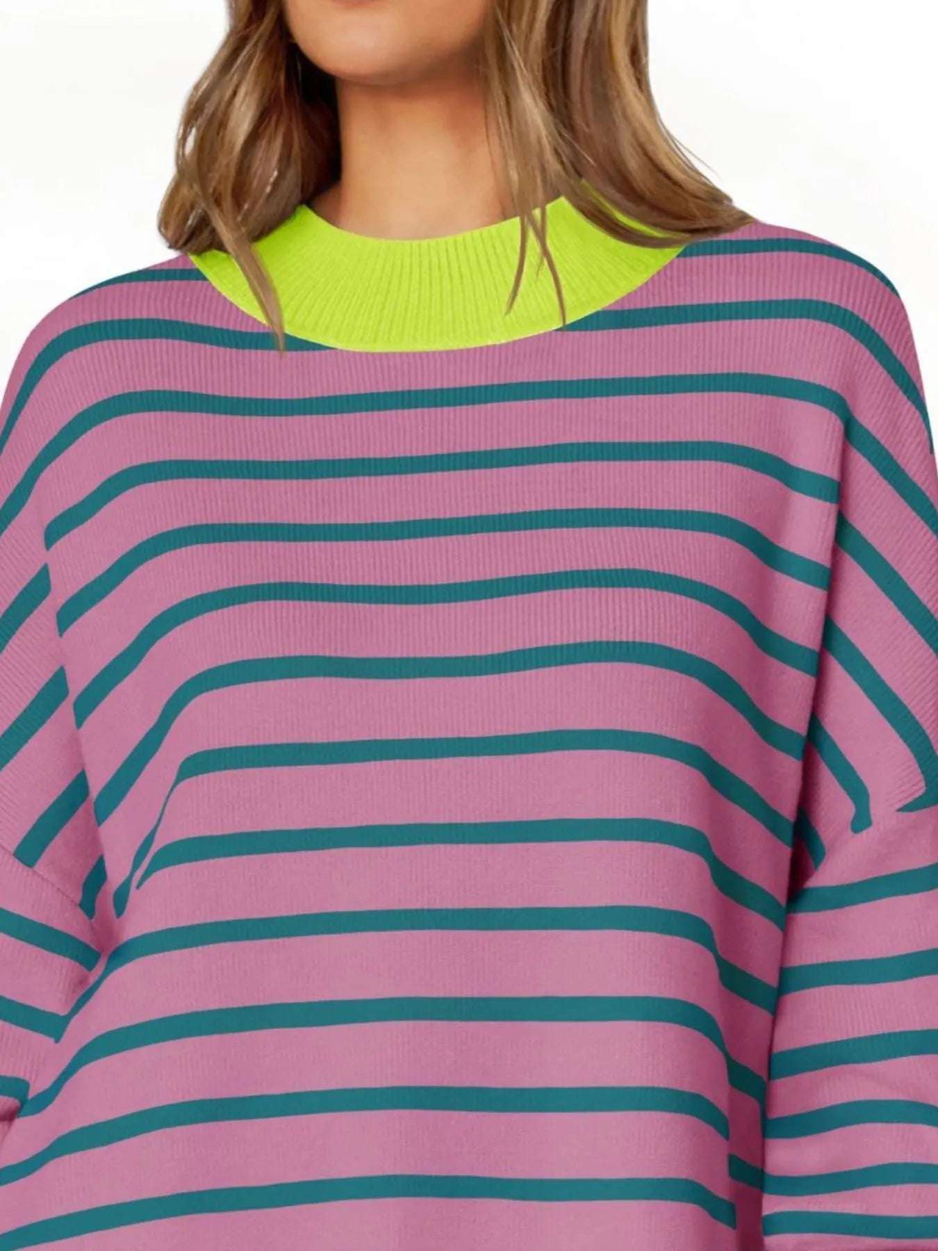 Striped Round Neck Long Sleeve Sweater featuring oversized fit and bright colorful stripes.