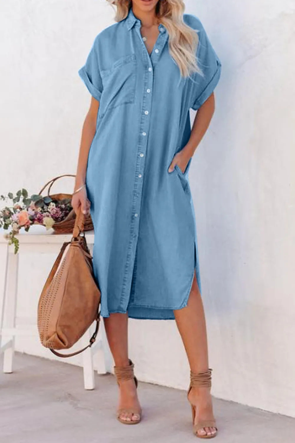 Slit Button Up Short Sleeve Imitation Denim Dress styled for casual summer wear with a large tote bag.