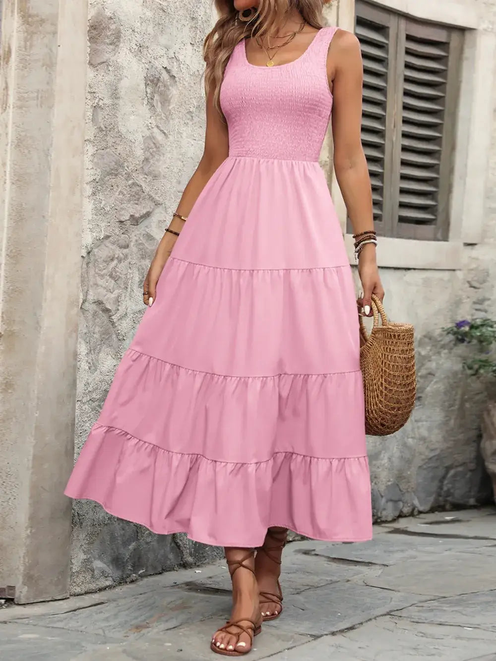 Ivy Lane Smocked Scoop Neck Sleeveless Tank Dress in pink with tiered design, perfect for casual outings.