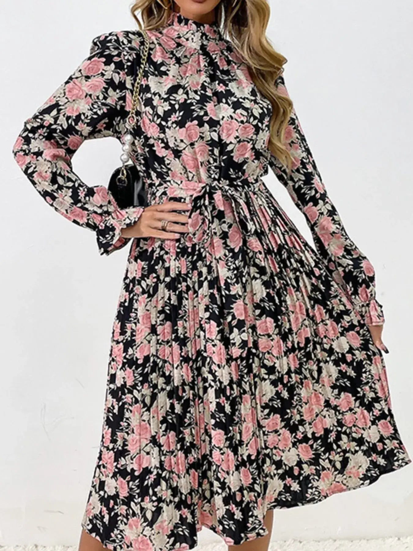 Floral Print Long Sleeve Pleated Midi Dress for Elegant Women with a floral design in black and pink.