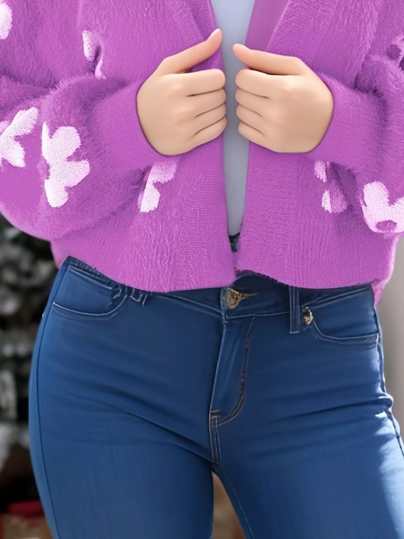 Floral Open Front Cardigan for Women in purple color, featuring a soft texture and stylish design.