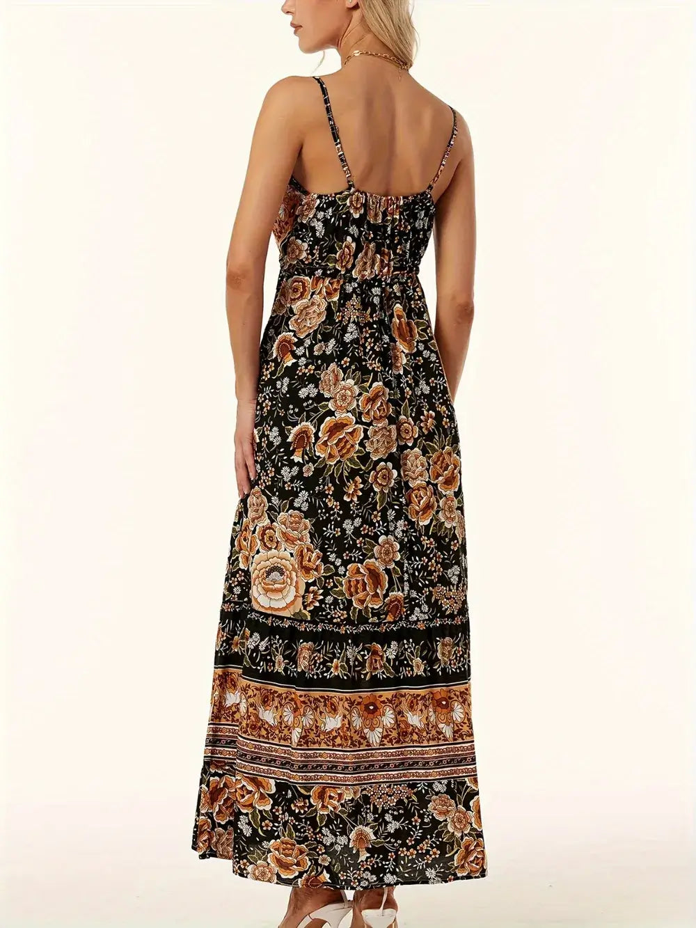 Back view of the Printed Scoop Neck Midi Cami Dress showcasing floral print and flattering fit.