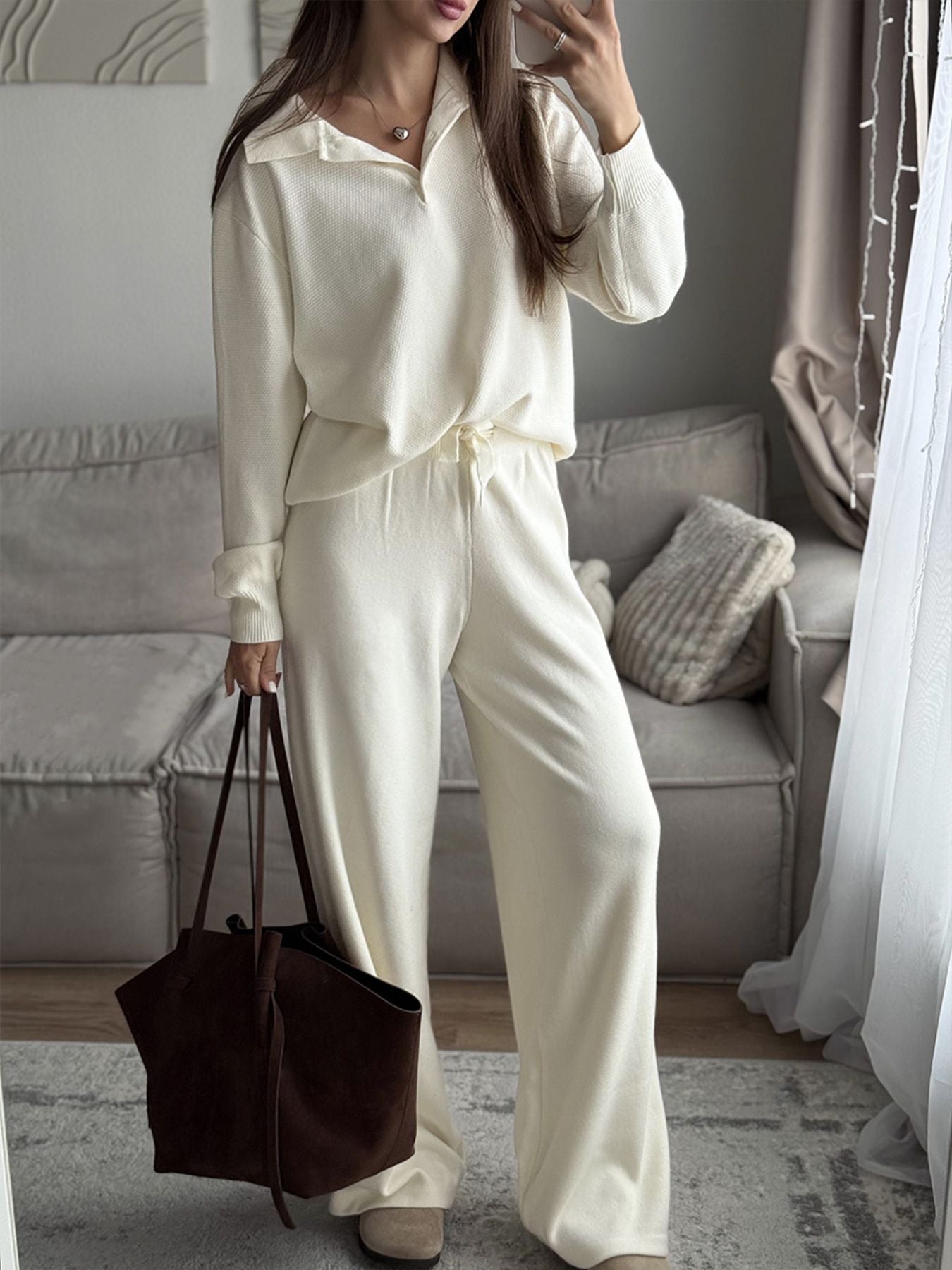 Polo Collar Knit Two Piece Set in cream color featuring a buttoned top and pants, styled with a brown bag.