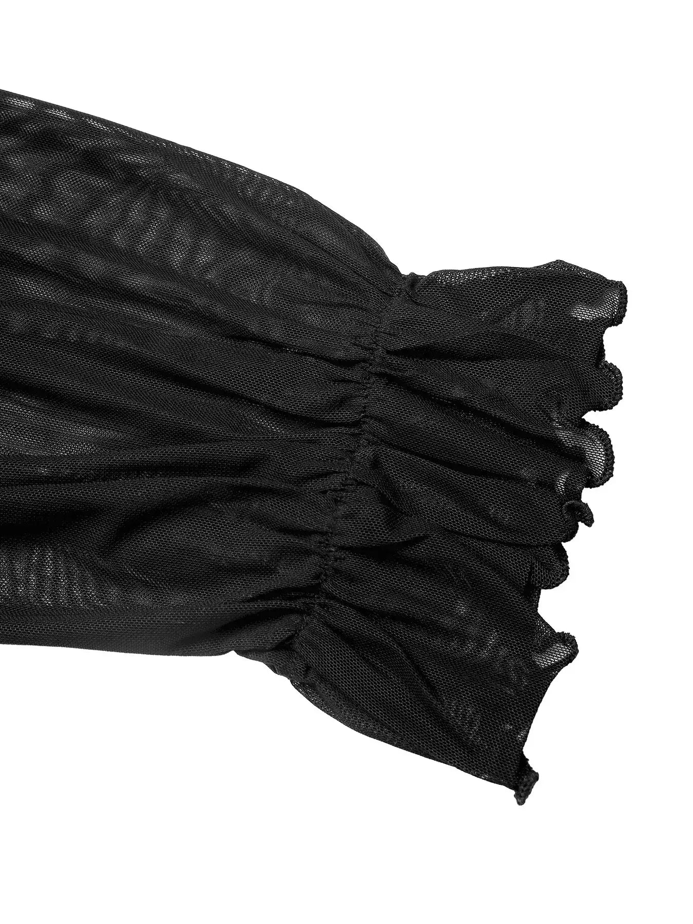 Close-up of the flounce sleeve detailing on the Cold Shoulder Flounce Sleeve Bodysuit in black fabric.