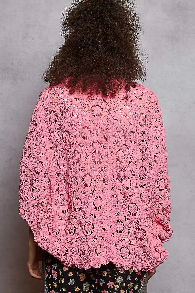 POL Floral Pattern Open Front Cardigan with V-Neck in pink, showcasing a batwing silhouette and open-back design.