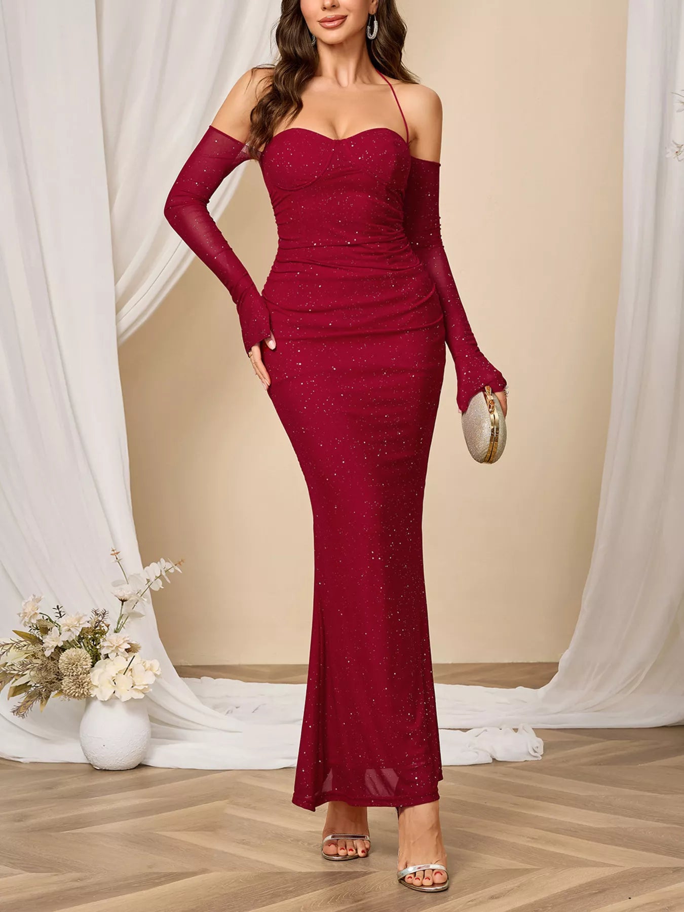 Glitter Sweetheart Neck Long Sleeve Maxi Dress for Elegant Events in burgundy with sparkling details.