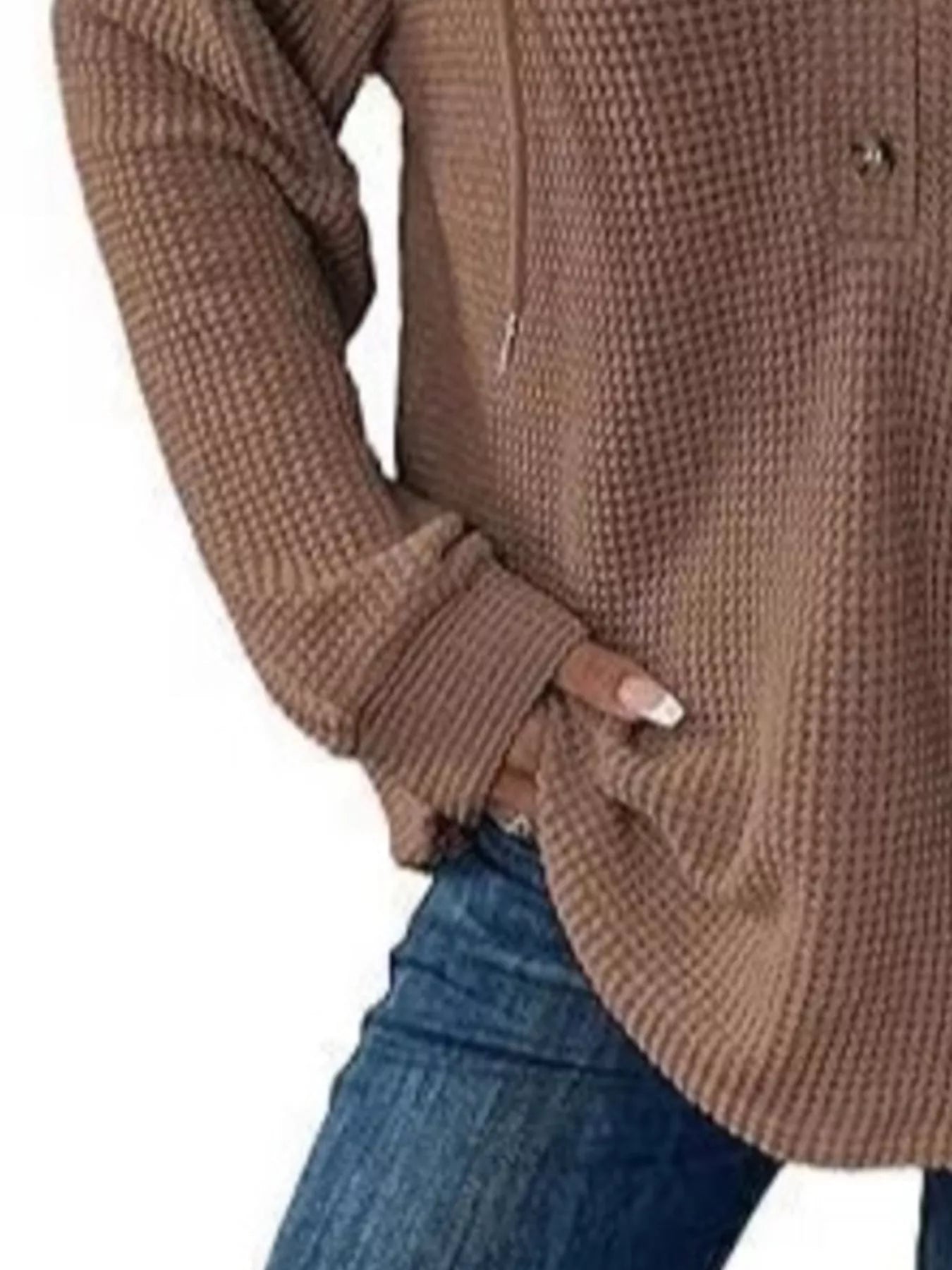 Full Size Button Detail Waffle Knit Hoodie Plus Size in cozy brown texture and stylish design, perfect for casual wear.