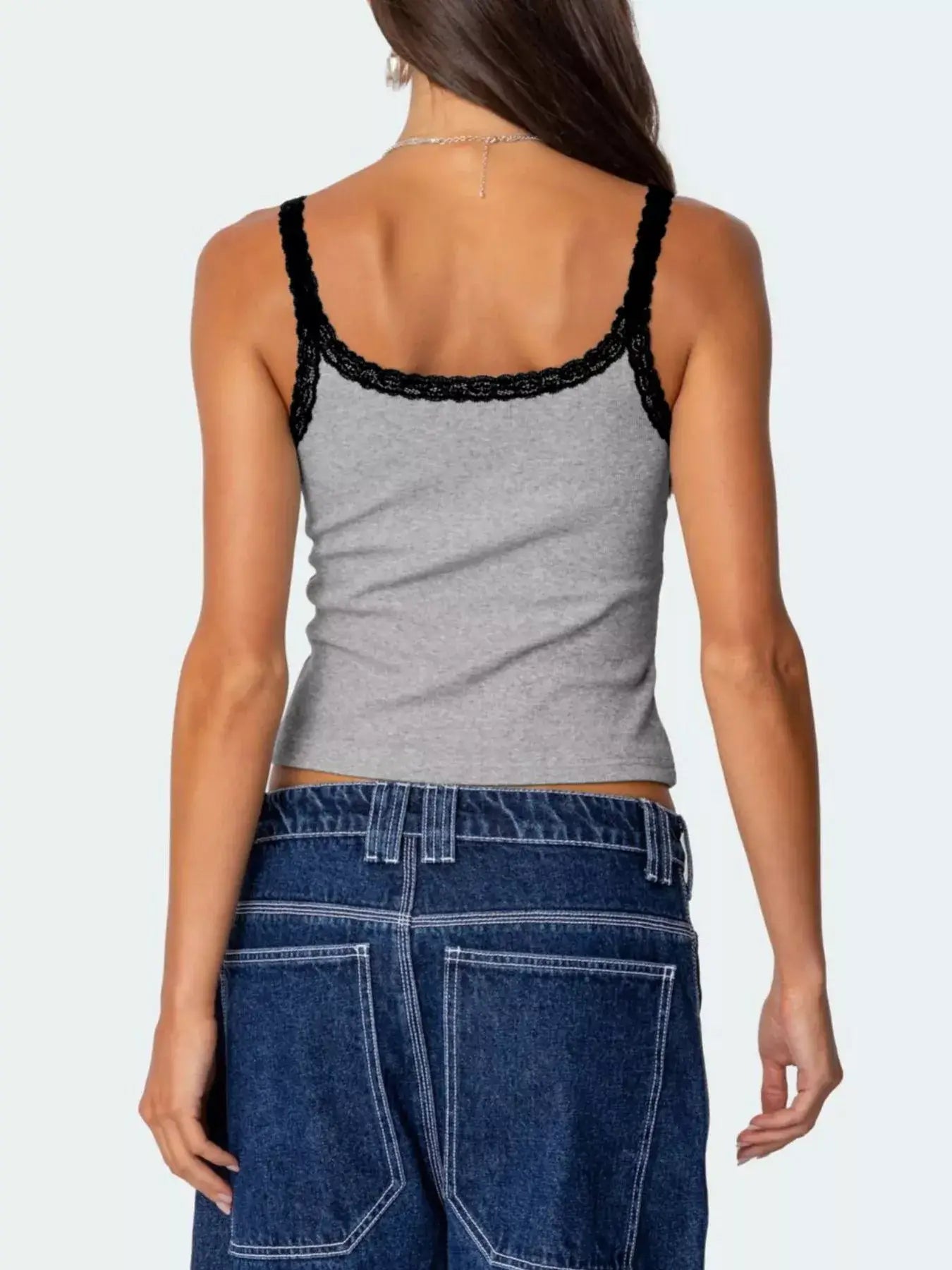 Back view of Lace Detail Contrast Trim Cami featuring lace straps, grey fabric, and a stylish fit.