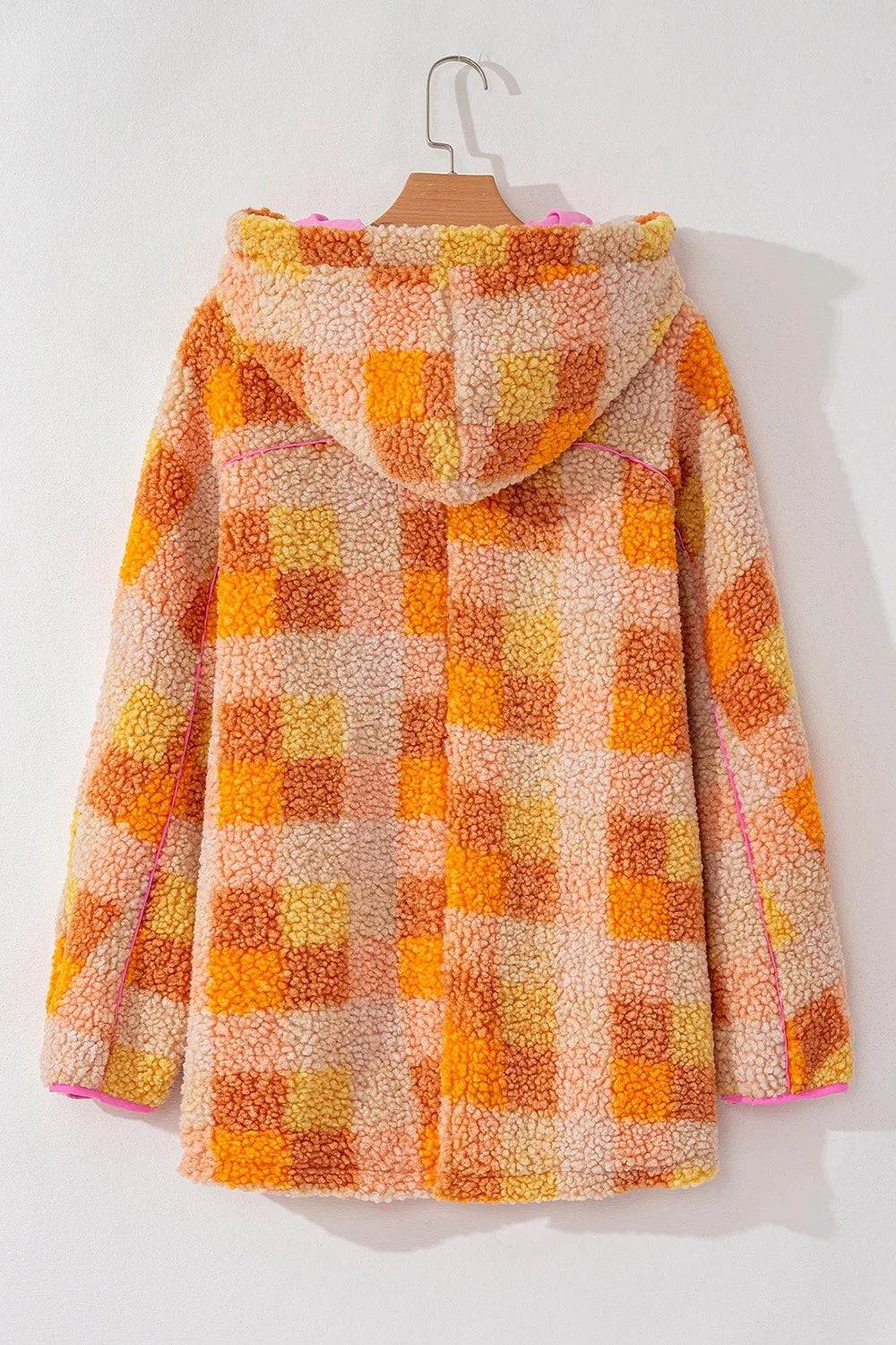 Checkered Long Sleeve Sherpa Hooded Jacket in vibrant orange and yellow plaid pattern viewed from the back.