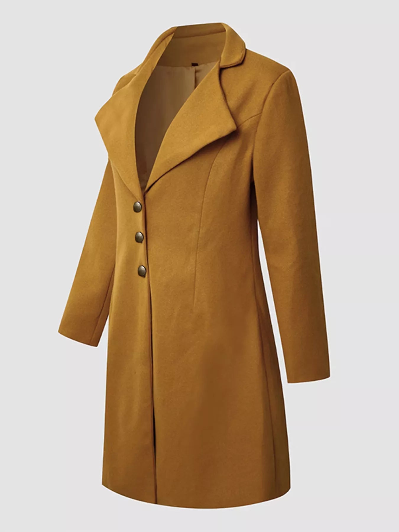 Full Size Single Breasted Long Sleeve Overcoat for Women in mustard color with buttoned front and tailored design.