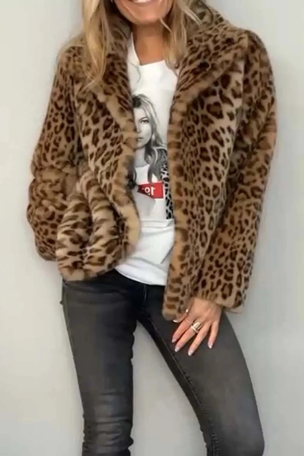 Model displaying a Full Size Leopard Furry Collared Neck Long Sleeve Coat styled with casual attire.