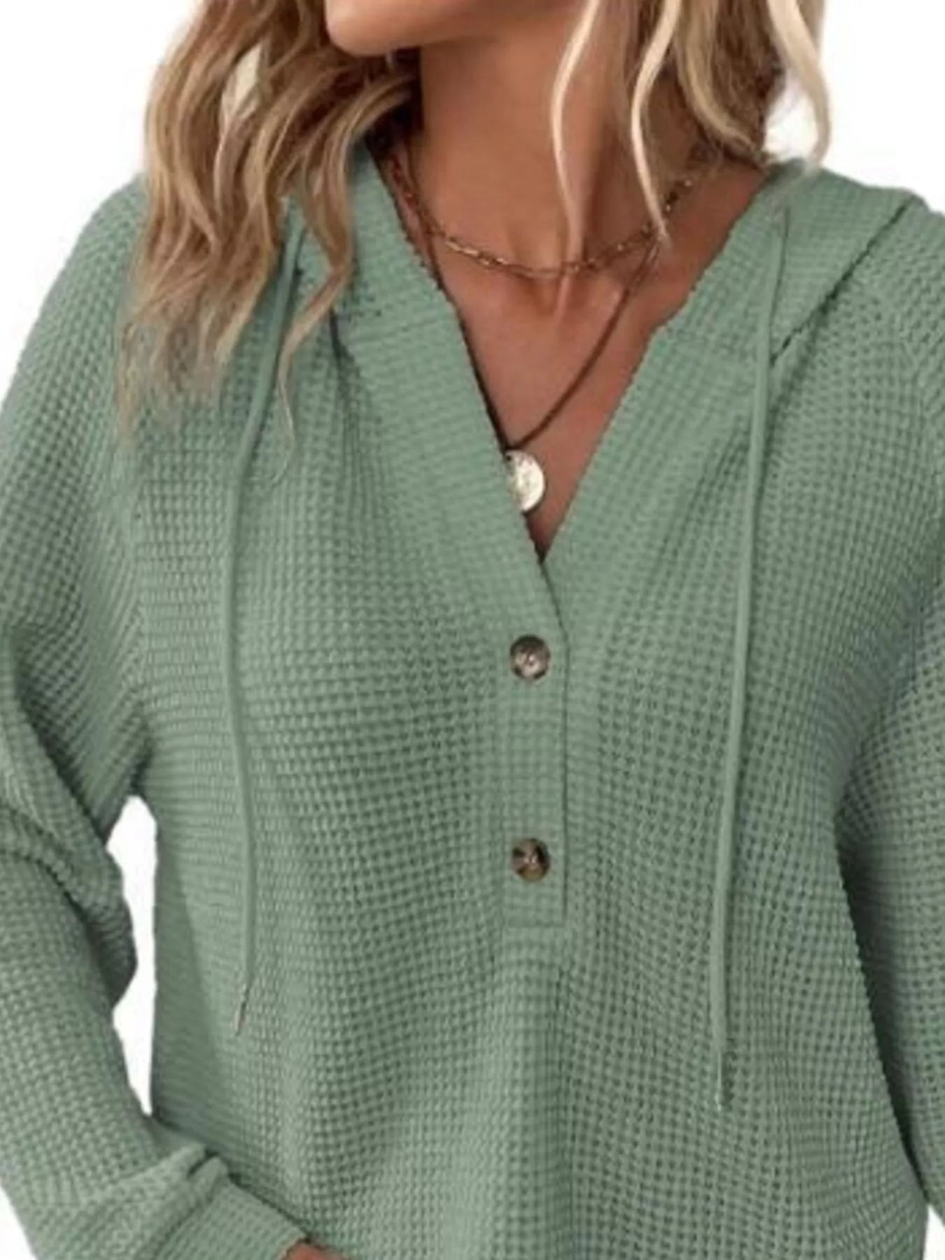 Full Size Button Detail Waffle Knit Hoodie Plus Size in soft green color with button and hood details.