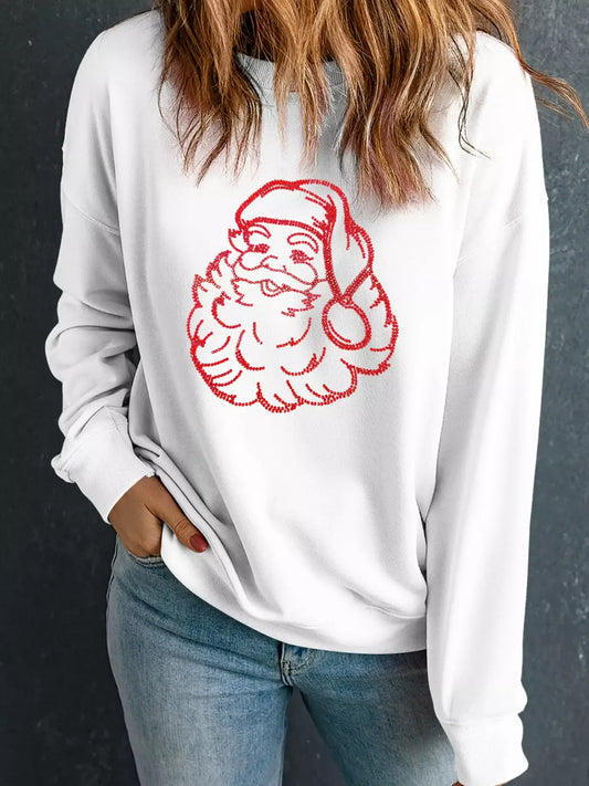 Christmas Santa Rhinestone Drop Shoulder Sweatshirt featuring a festive Santa design in rhinestones.