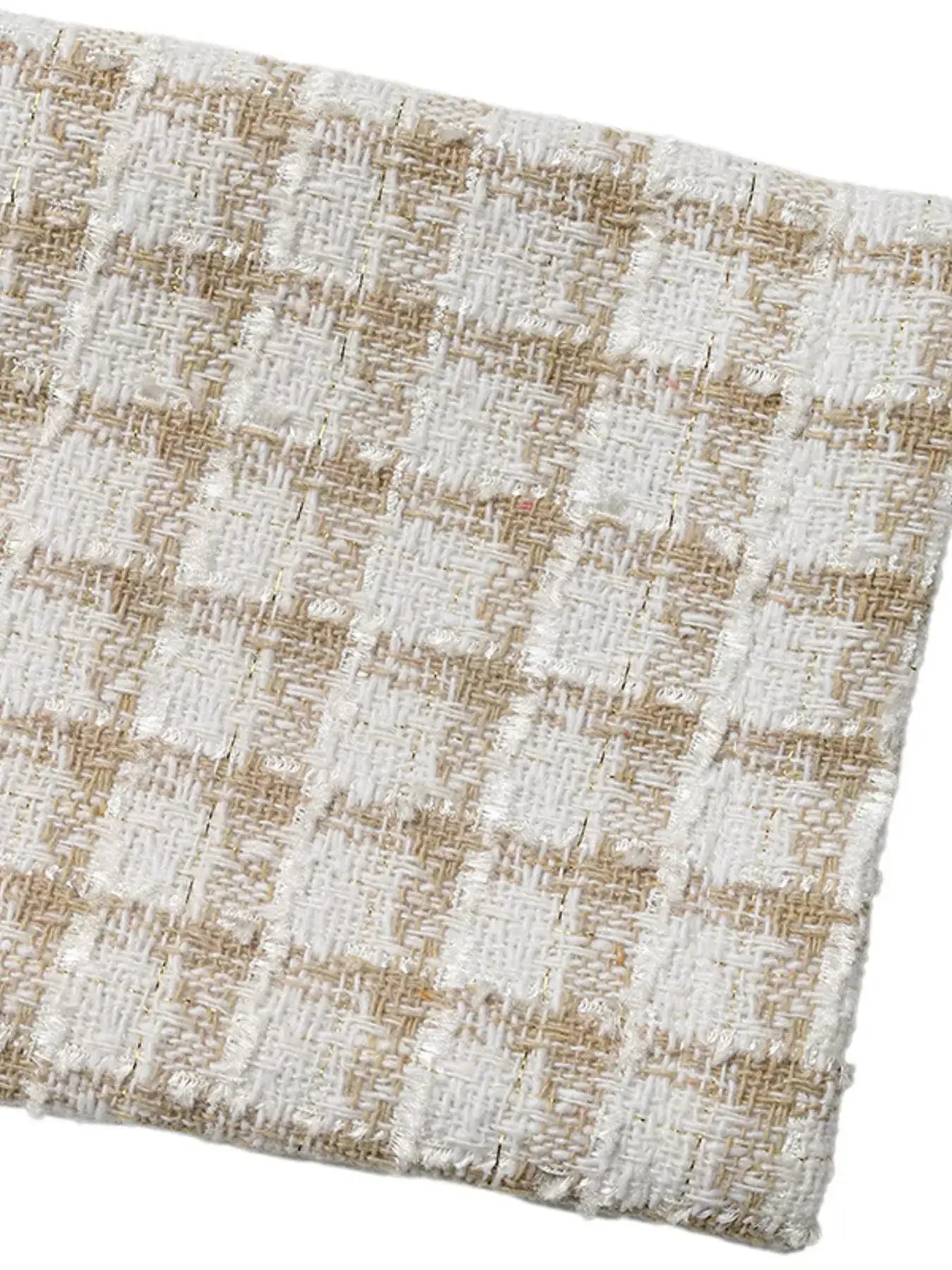 Plaid Button-Front Long Sleeve Outerwear fabric close-up in white and beige colors with a textured check pattern.