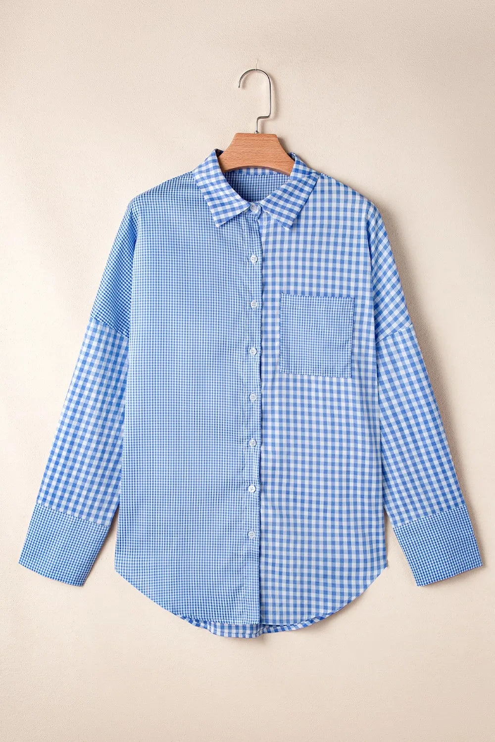 Plaid Button Up Long Sleeve Shirt in blue with pocket and button closure, perfect for casual everyday style.