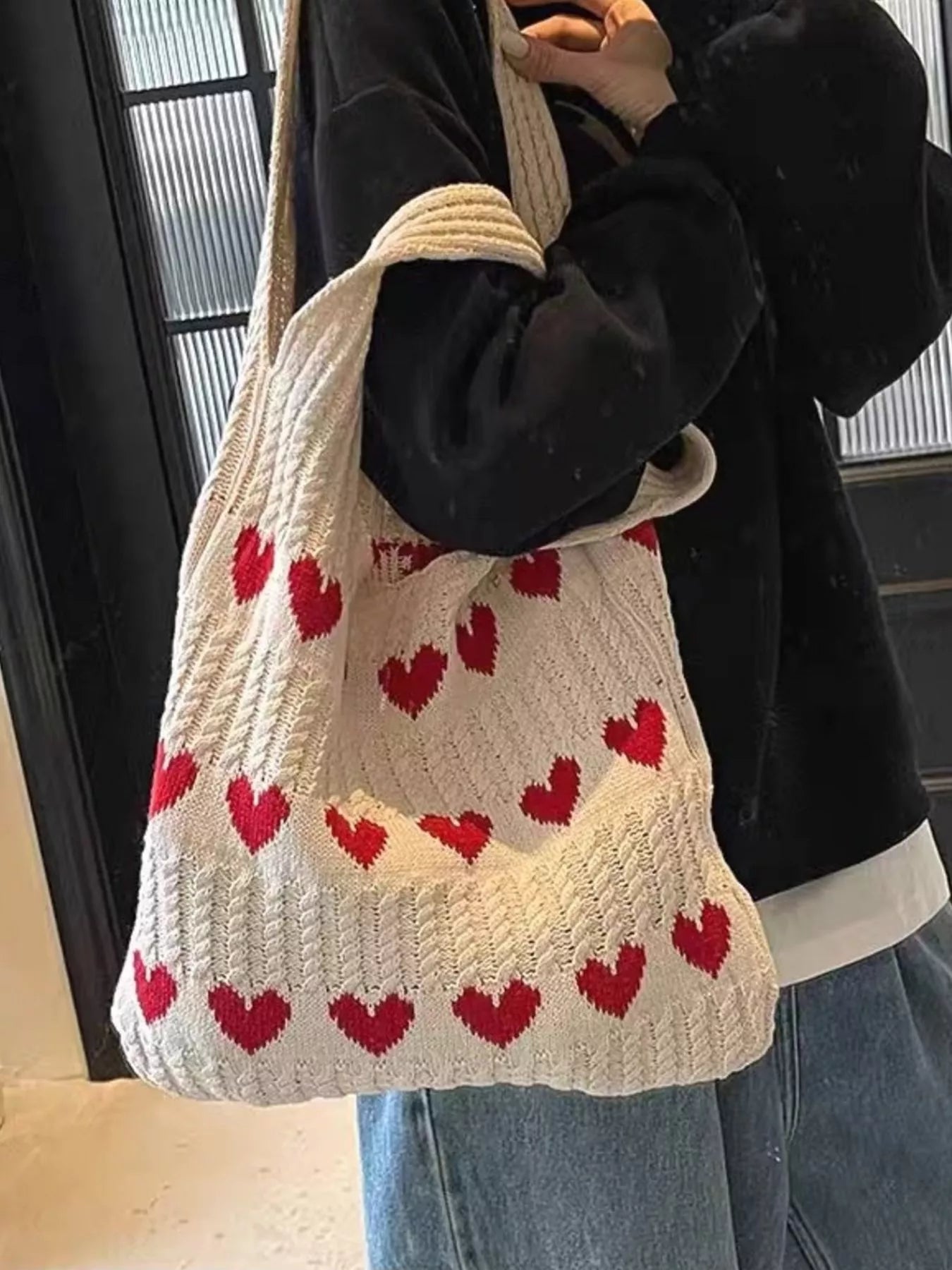 Heart Pattern Knitted Handbag featuring a stylish design with red hearts on a white background, perfect for casual everyday use.