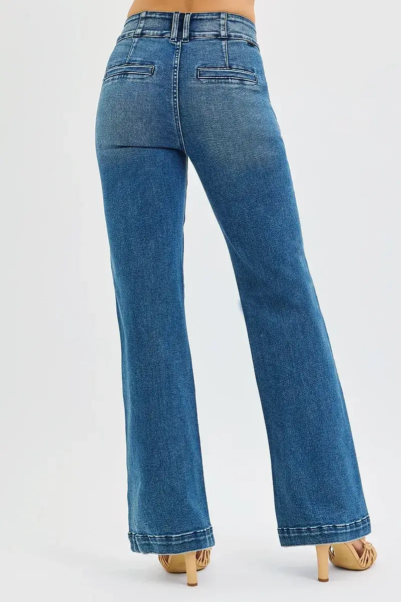 Back view of RISEN High Rise Bootcut Plus Size Jeans showcasing the flattering fit and stylish bootcut leg.