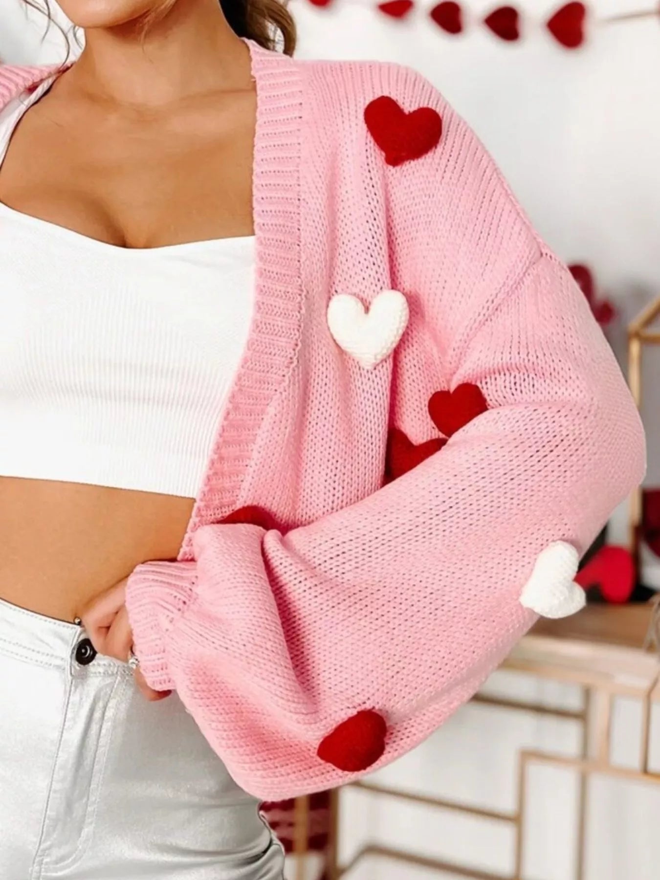 Heart Open Front Cardigan for women in pink with red and white heart appliques, featuring a casual style and slightly stretchy material.