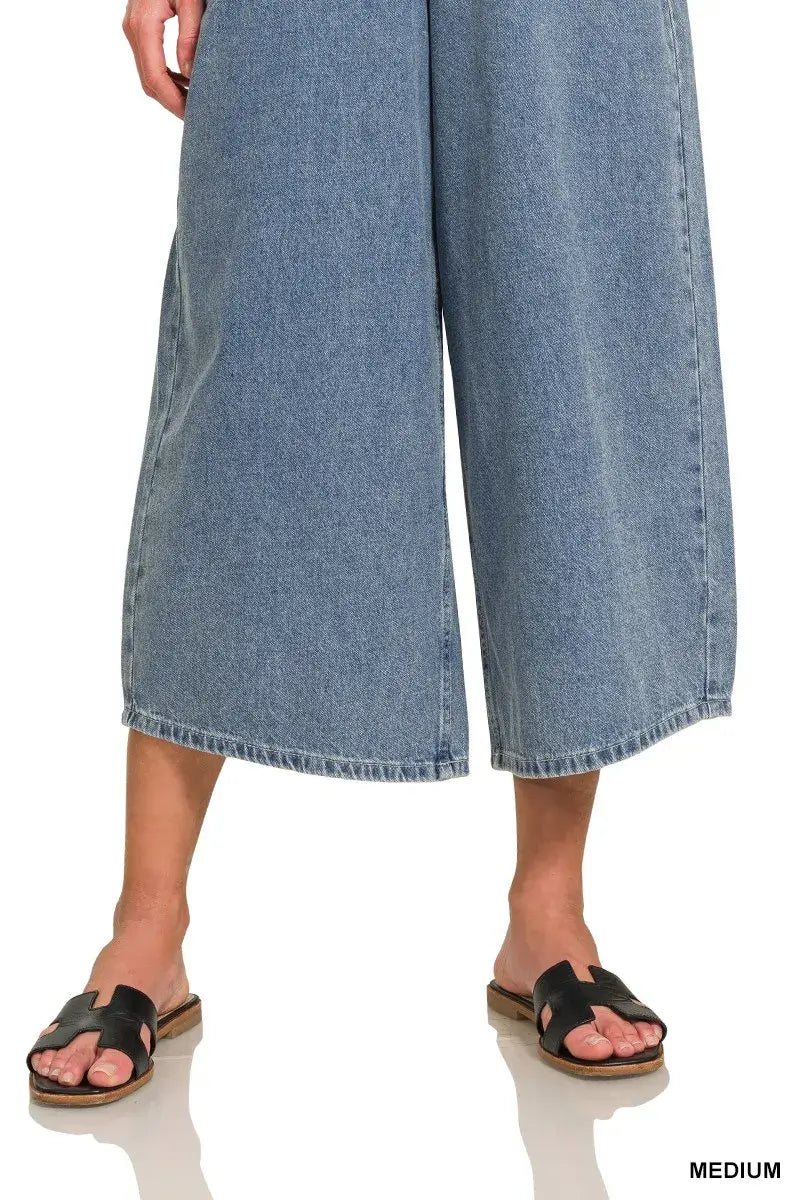 Zenana Denim Wide Leg Overalls in medium wash, featuring relaxed wide legs and stylish black sandals.