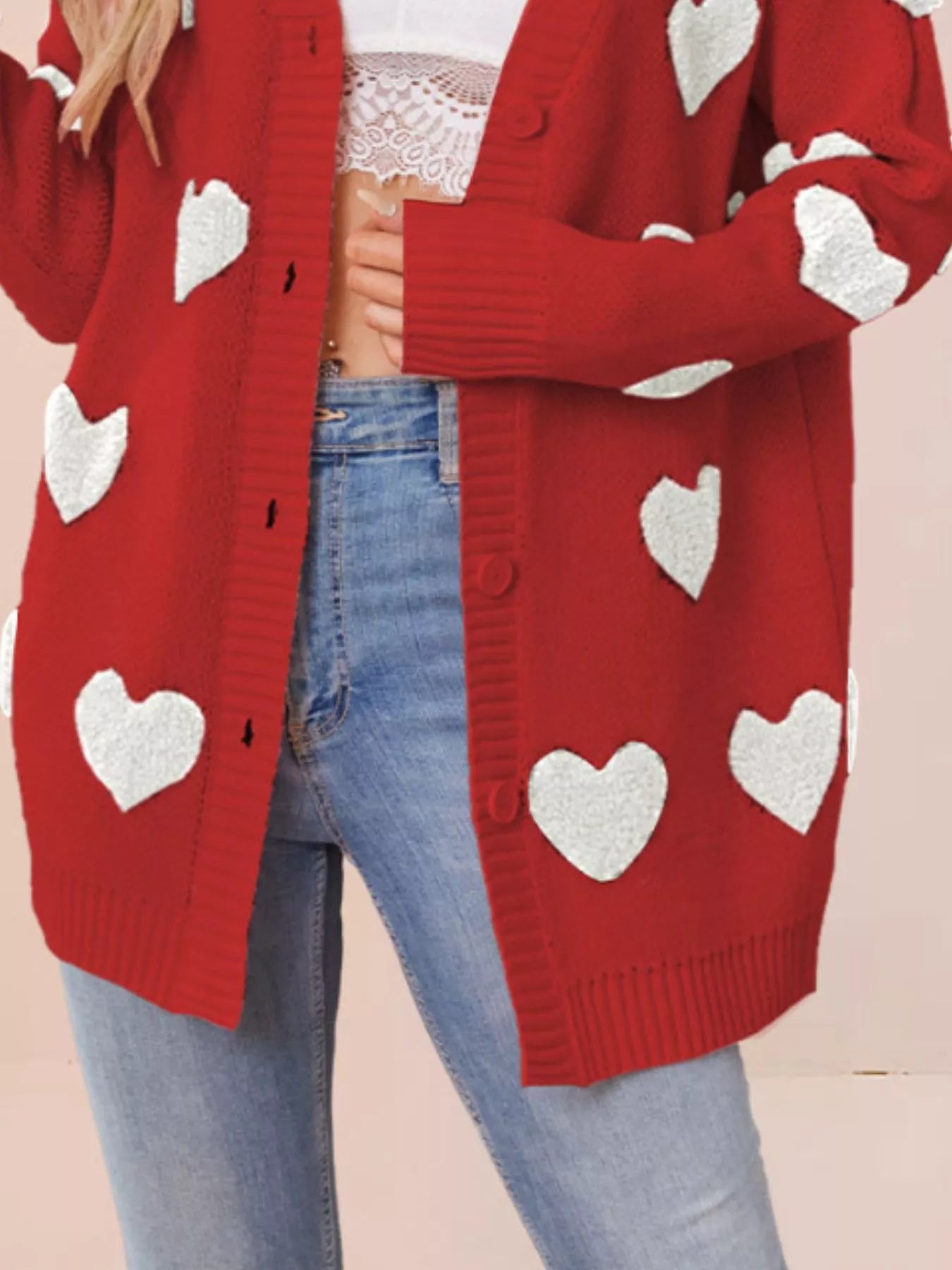 Heart Pattern Knit Button Up Cardigan for Women, featuring ribbed texture and button closure in a red color with white hearts.