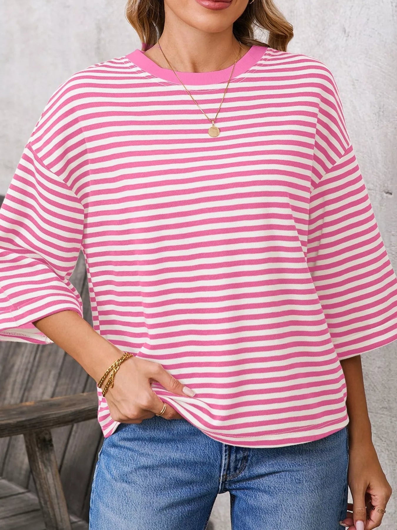 Striped Back Bow Tie T-Shirt in pink and white stripes for casual everyday style, featuring oversized fit and bow detail.