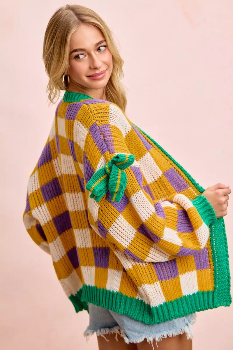 Bibi Mardi Gras Checker Board Front Open Cardigan for Women in vibrant colors with unique pattern and stylish design.