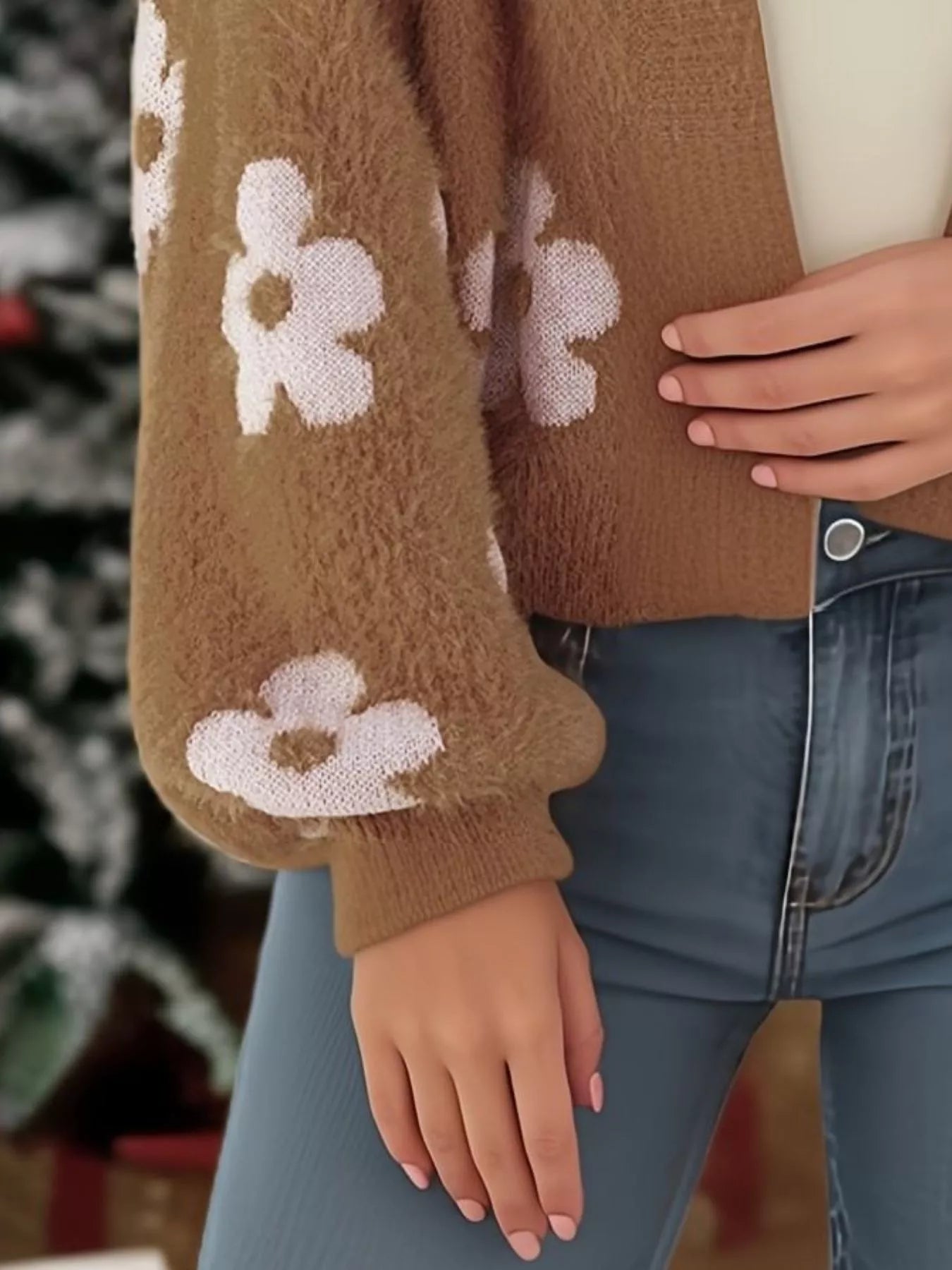 Floral Open Front Cardigan for Women featuring a cozy design and floral patterns on sleeves, perfect for everyday style.