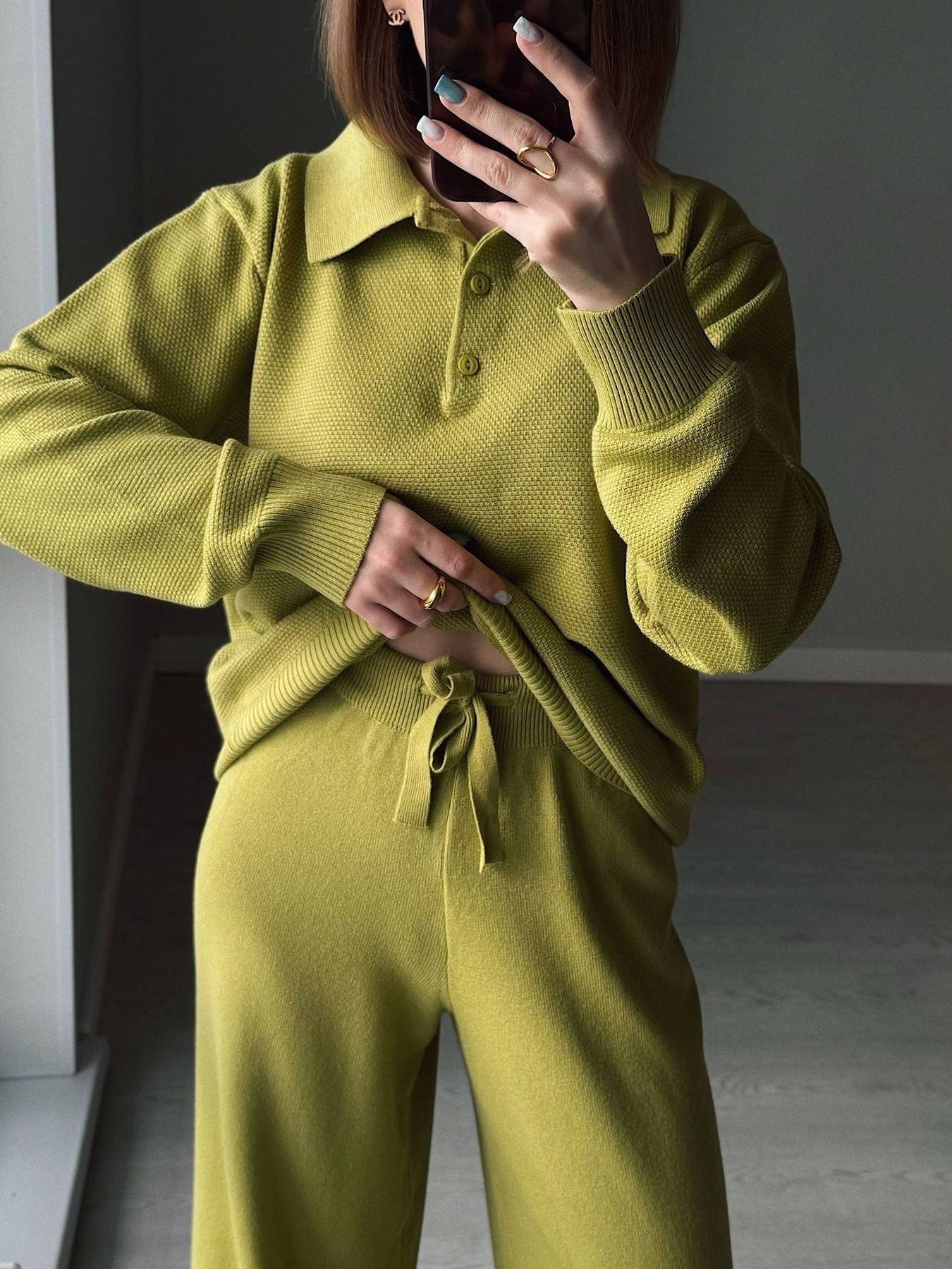 Polo Collar Knit Two Piece Set featuring a buttoned top and tied pants in a vibrant green hue.