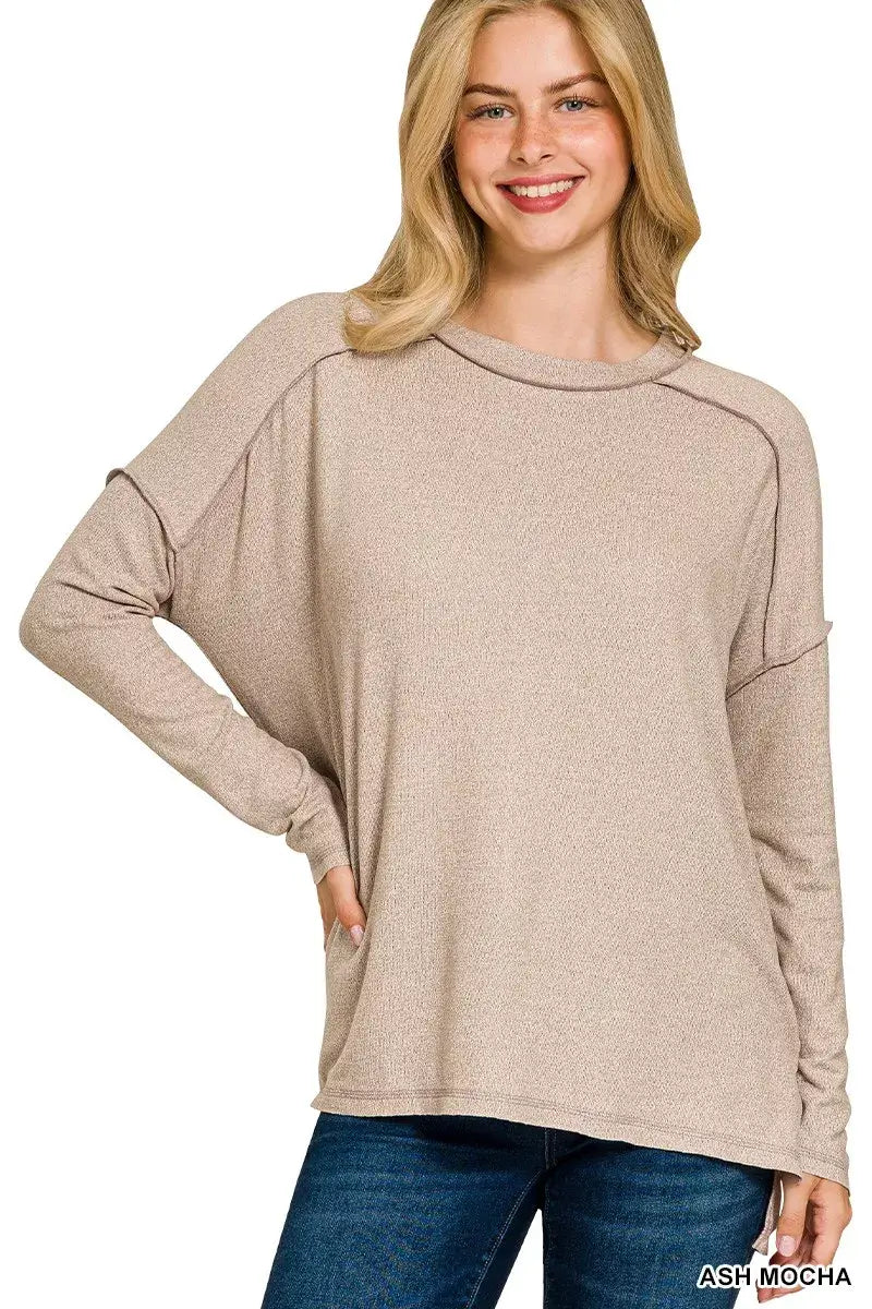 Zenana Full Size Melange Hacci Exposed Seam Hi-Low Tee in ash mocha with relaxed fit and exposed seams.