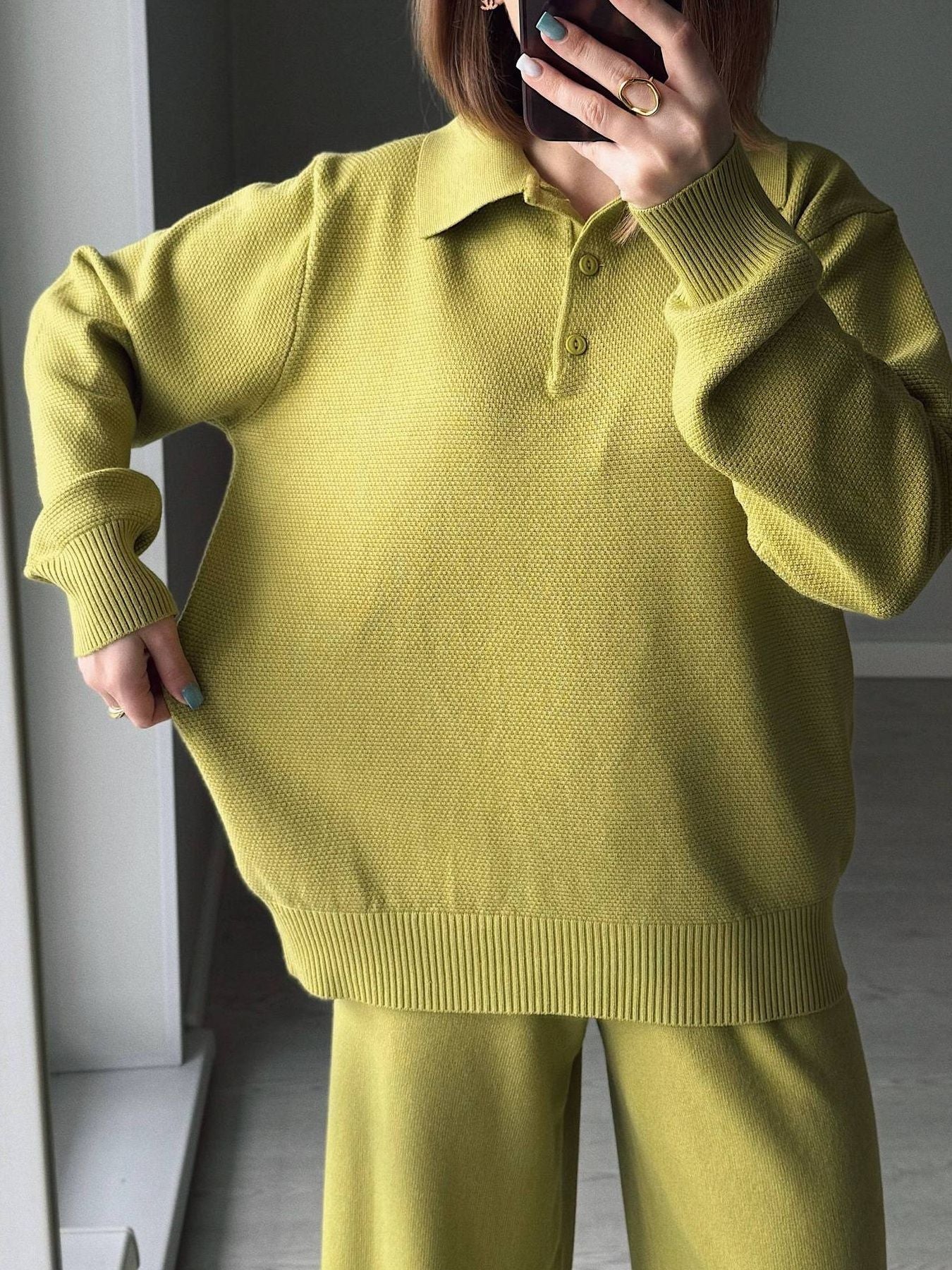 Polo Collar Knit Two Piece Set in vibrant green, featuring a buttoned top and matching pants, showcasing a relaxed fit.