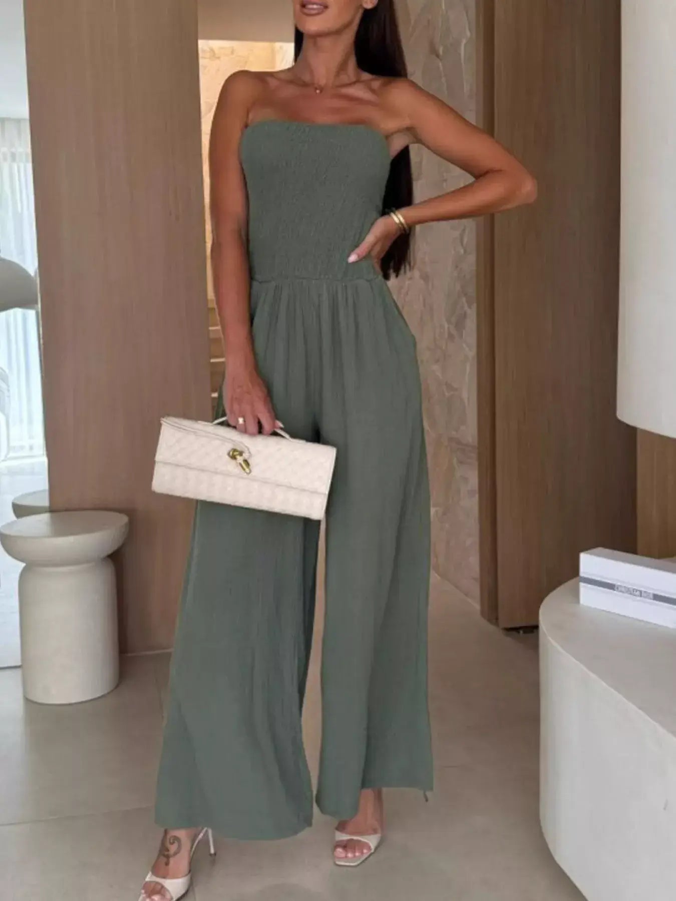 Smocked Tube Wide-Leg Jumpsuit in olive green, featuring a strapless neckline and flowy wide legs, perfect for summer outings.