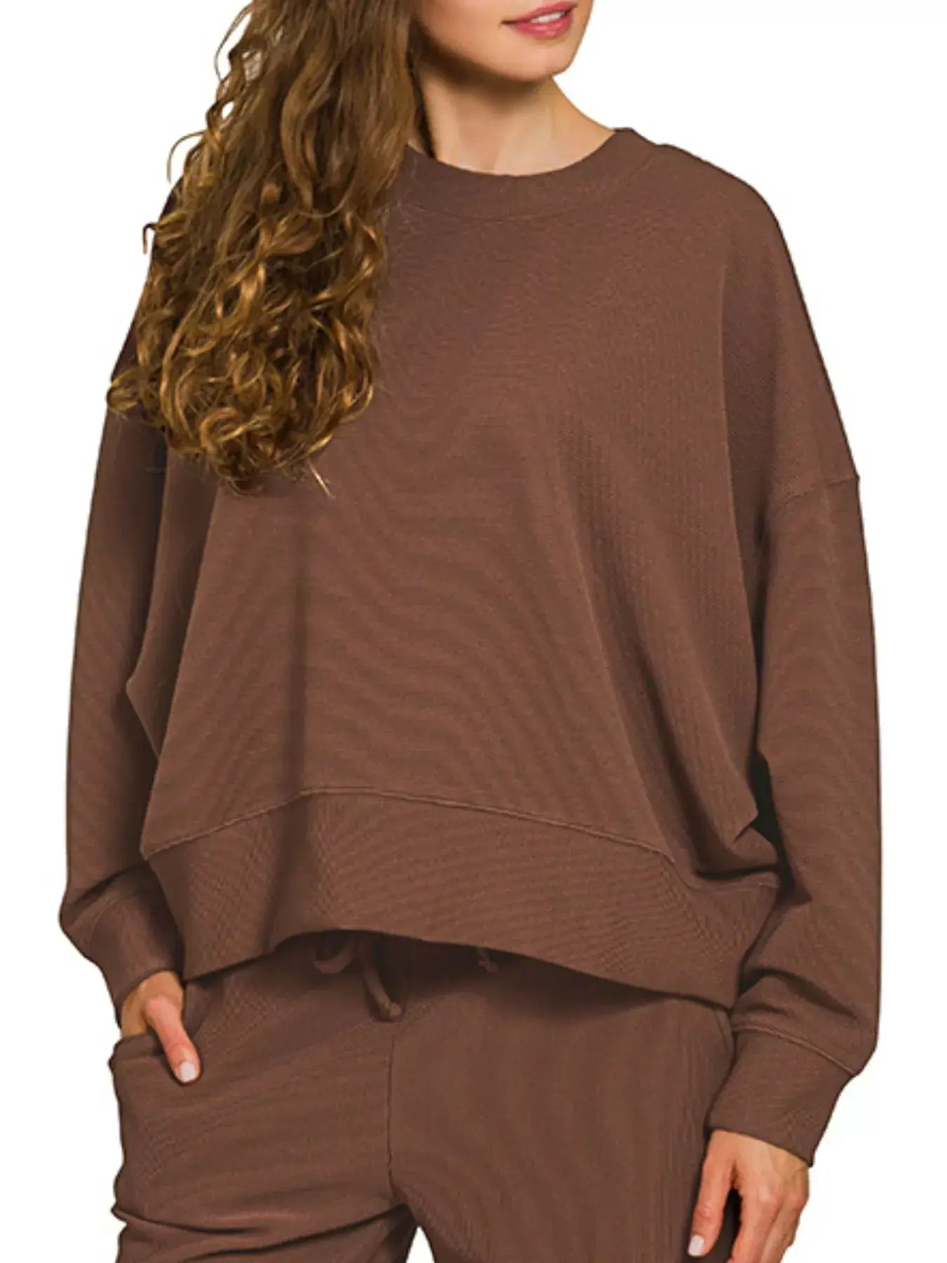 Zenana Ribbed Round Neck Pullover and Drawstring Pants Set for Women in brown with a relaxed fit.