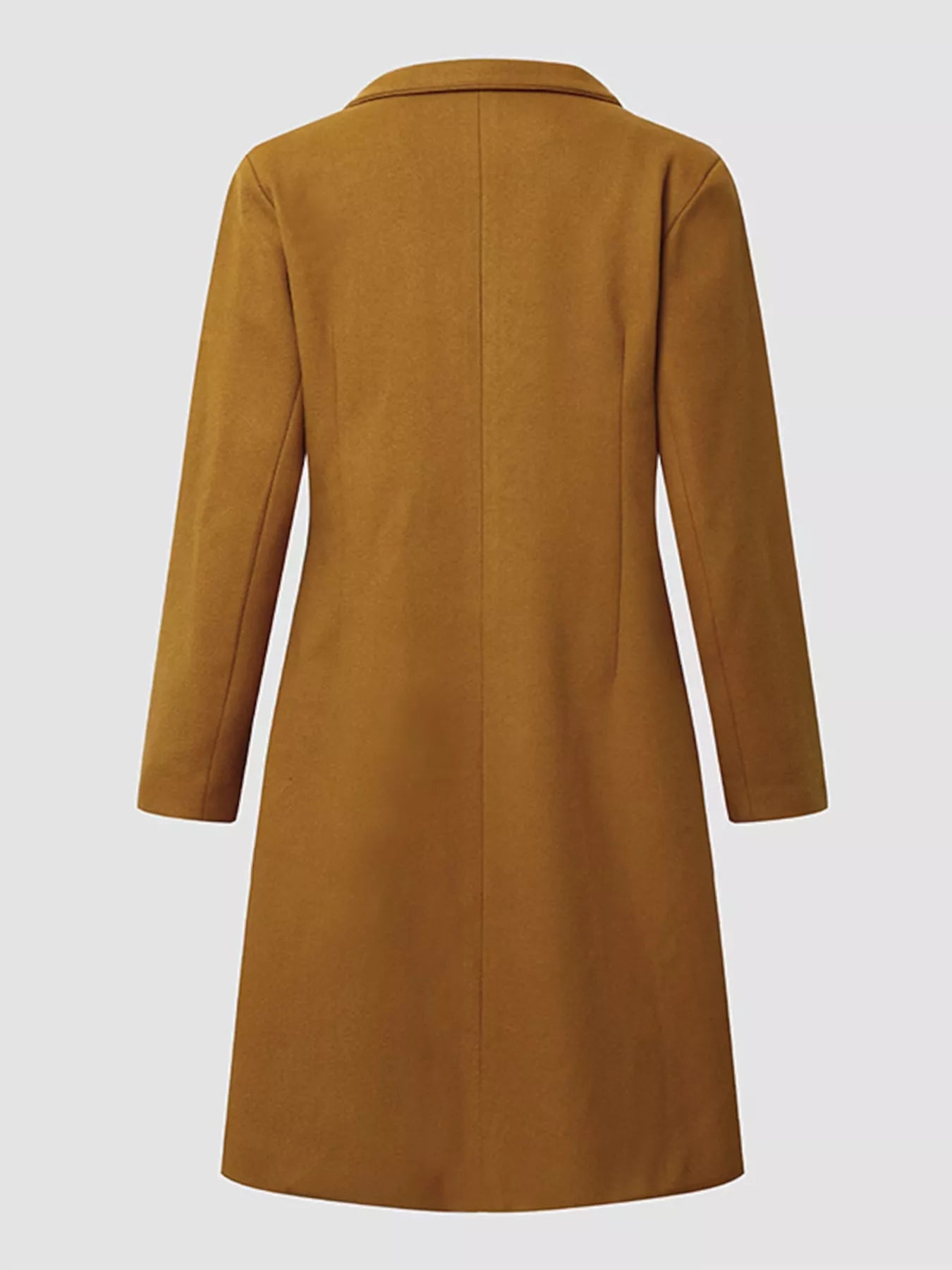 Back view of Full Size Single Breasted Long Sleeve Overcoat for Women in a stylish mustard color.