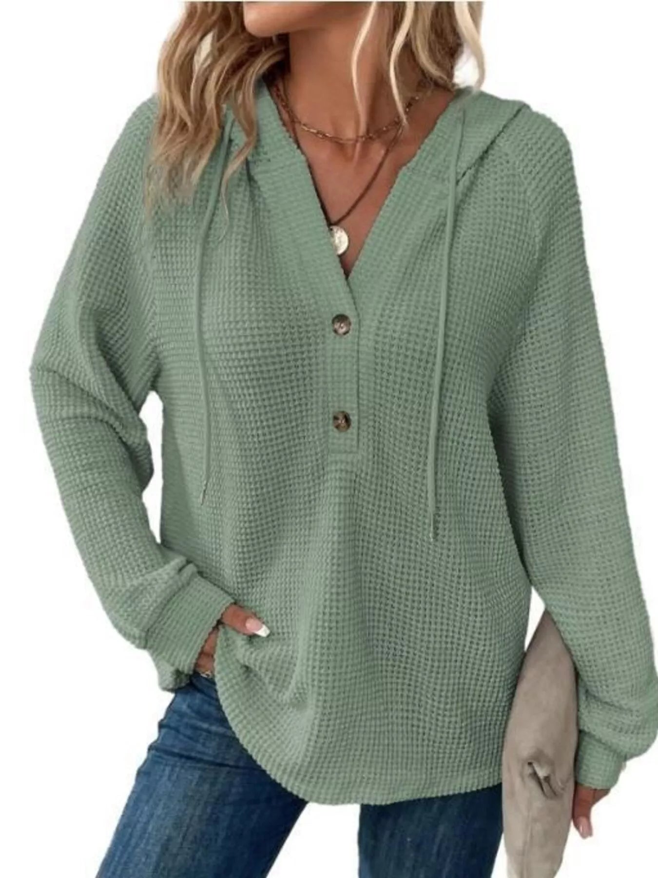 Full Size Button Detail Waffle Knit Hoodie Plus Size in green with button detail and hood