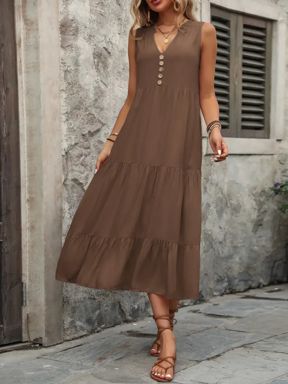 Ivy Lane Decorative Button Notched Sleeveless Dress in brown, showcasing a flattering notched neckline and decorative button detail.