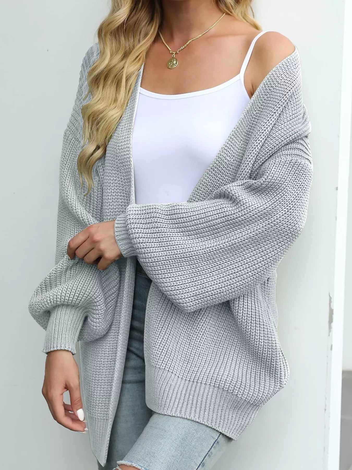 Chunky Knit Open Front Cardigan for Women in grey, slightly stretchy oversized design, perfect for cozy style.