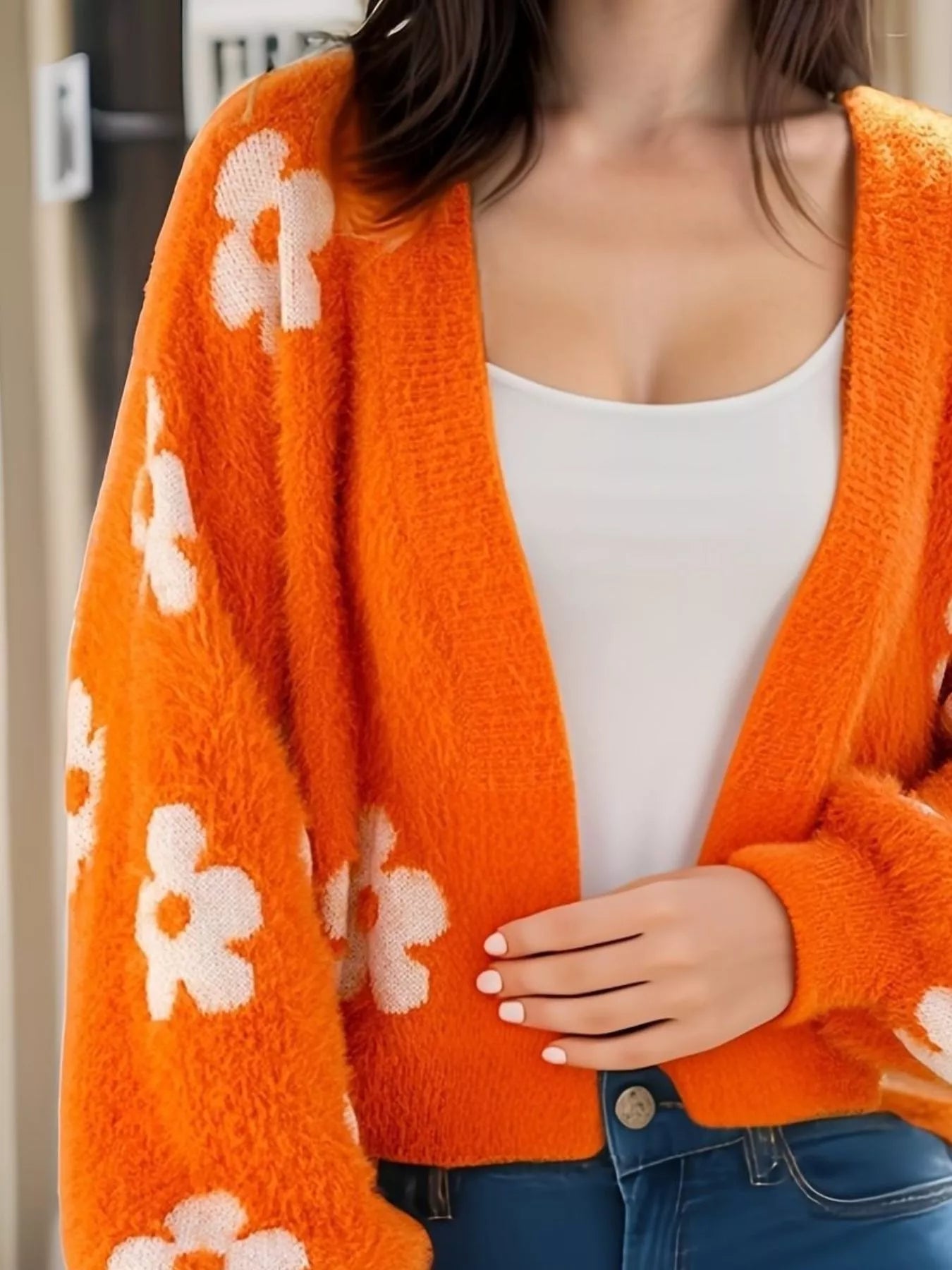 Floral Open Front Cardigan for Women in vibrant orange with white flower pattern, perfect for everyday style.