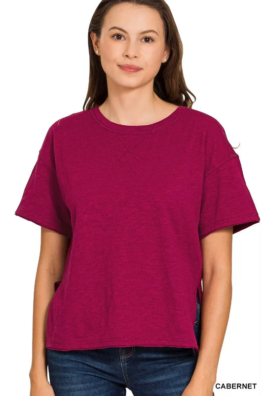 Cotton Slub Short Sleeve Tee in vibrant cabernet color, ideal for casual everyday wear.