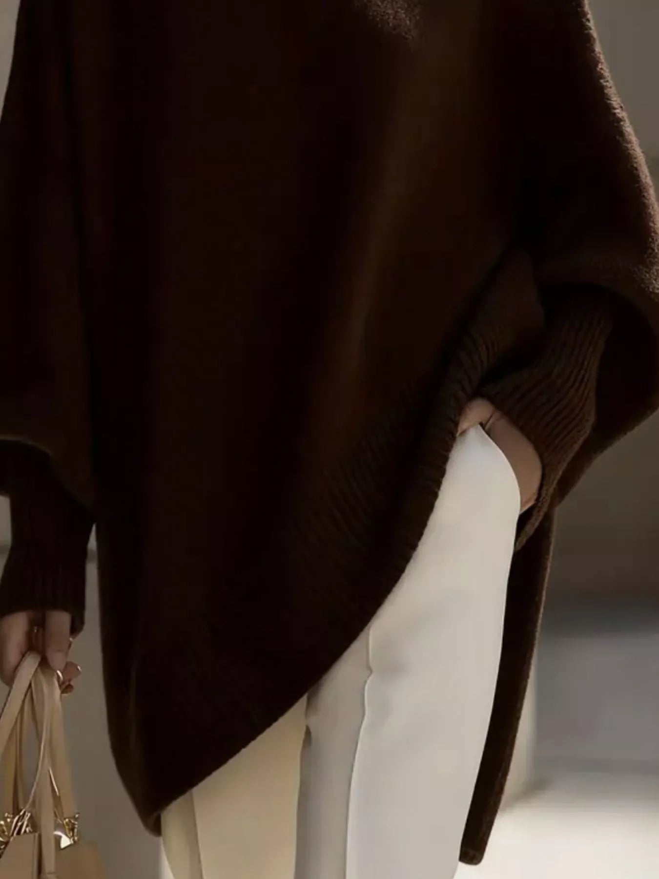 Oversized Batwing Sleeve Knit Sweater for Women in dark brown, featuring ribbed detailing and a chic silhouette.